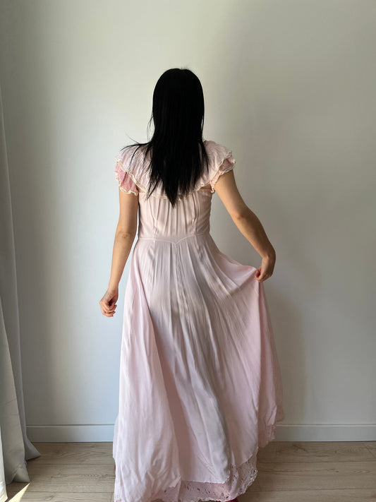 1940s 1950s Pink Silk Bias Cut Pastel Pure Silk Chiffon Embroidered Nightgown Maxi Dress