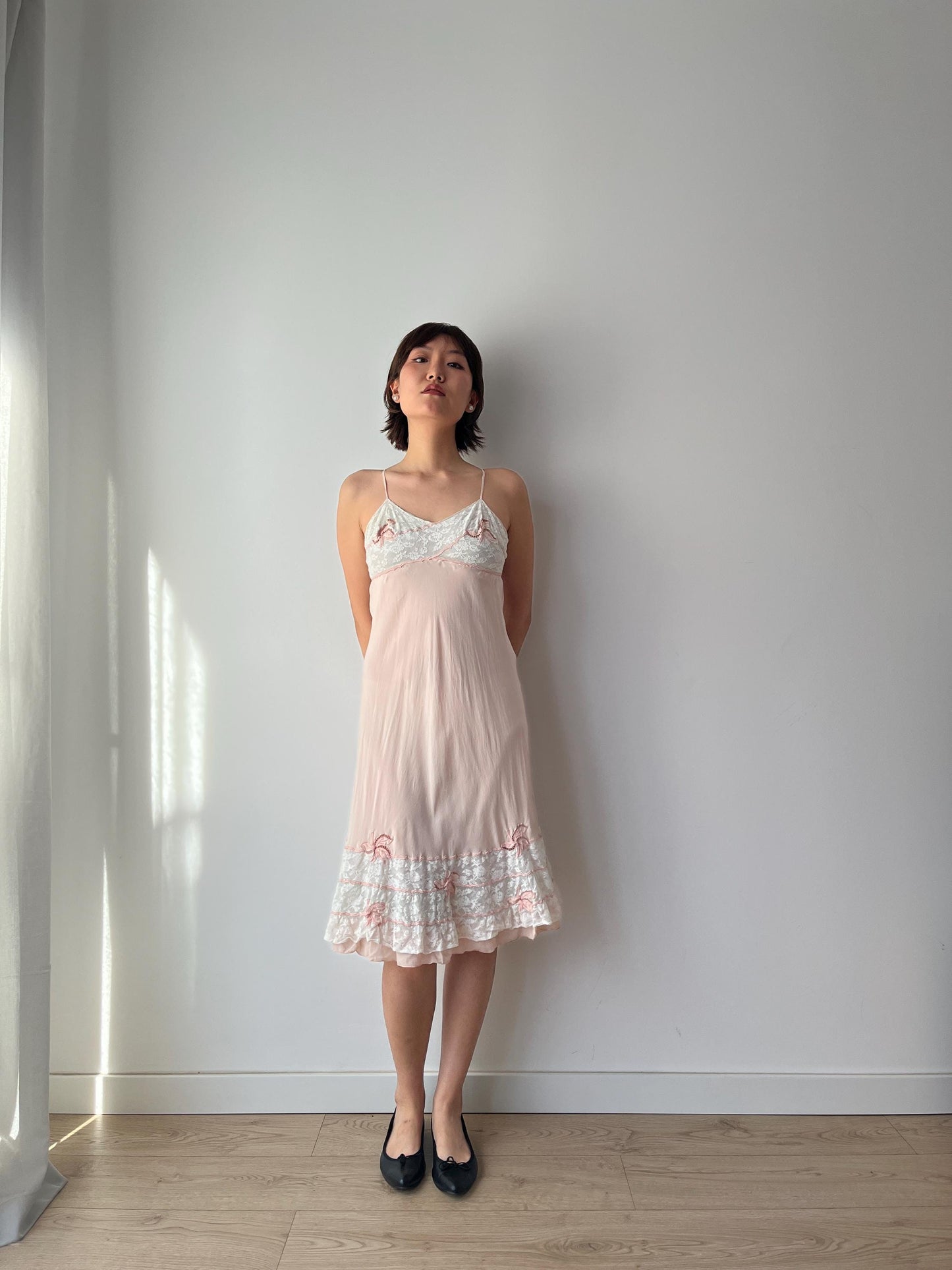 1930s Antique Pastel Pink Lace Liquid Crepe Silk Slip dress, Vintage lace mini dress