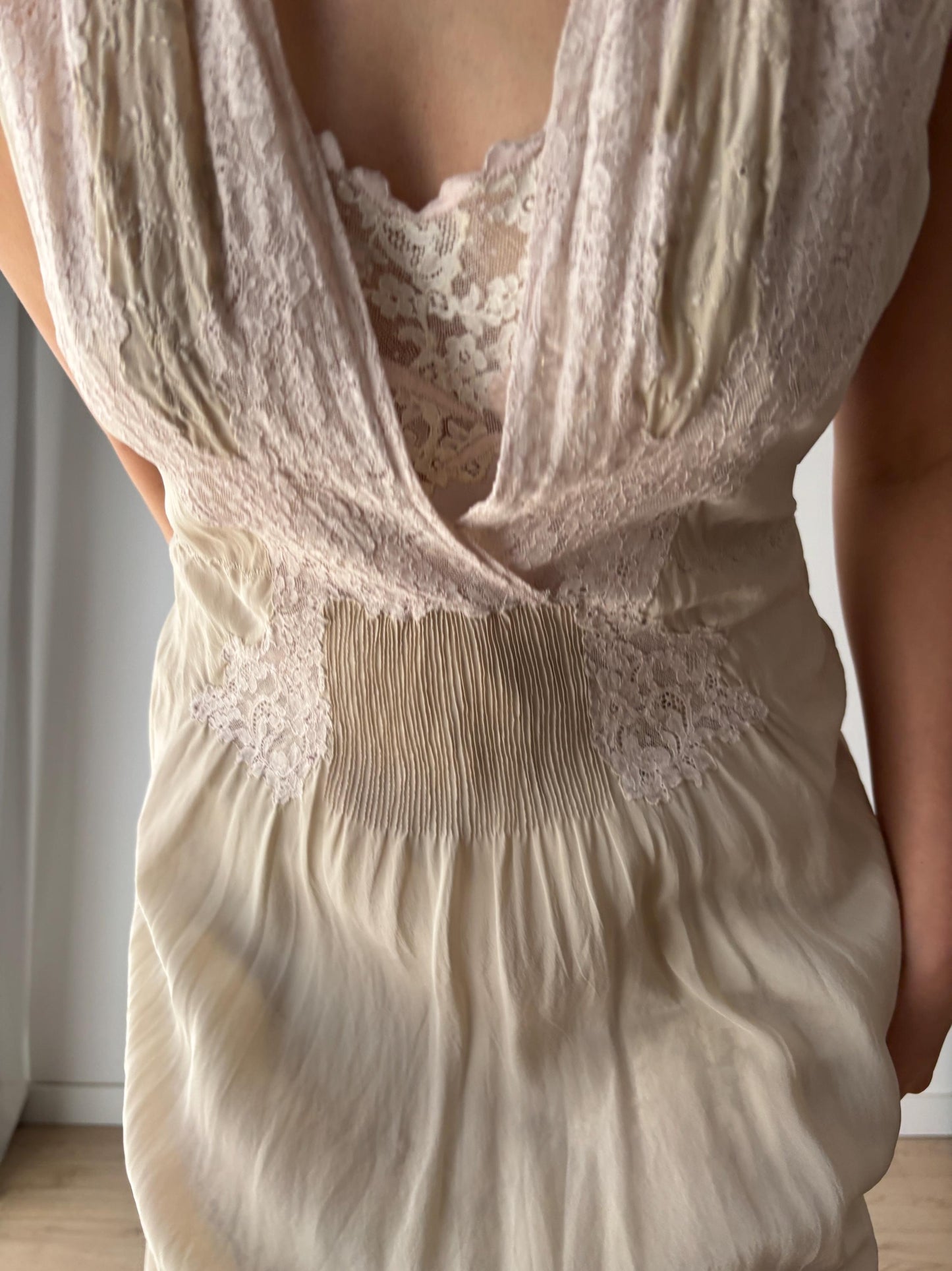 1930s Antique Bridal Lace Bias Cut Negligee Silk Satin Embroidered Nightgown