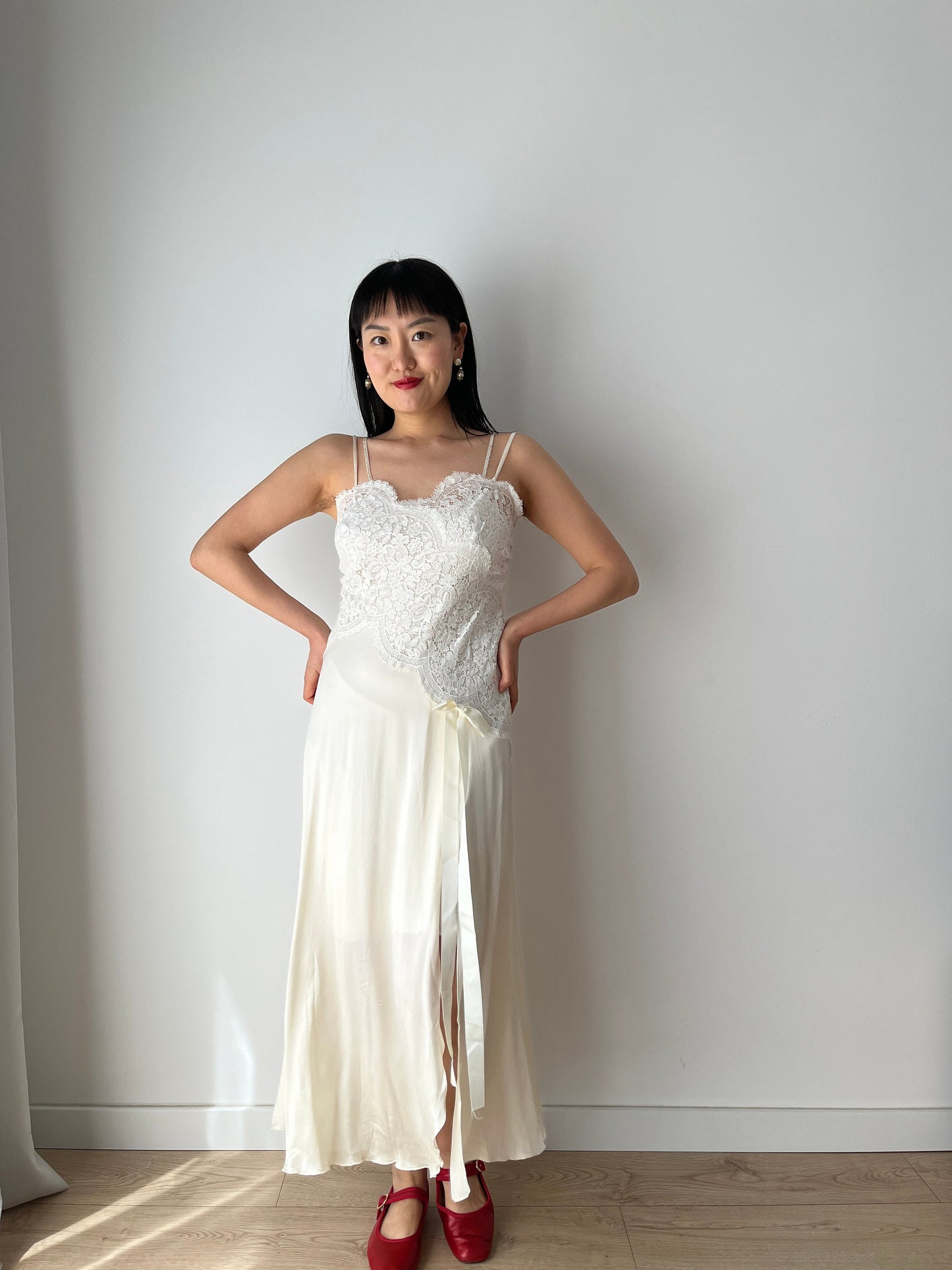 Vintage 90s Y2K liquid silk satin white embroidered slip long maxi camisole dress