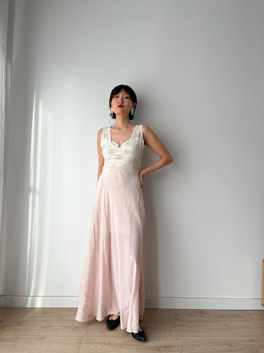 1930s 1940s Antique Bias Cut Ruffle Lace Pastel Pink Pure Silk Embroidered Nightgown