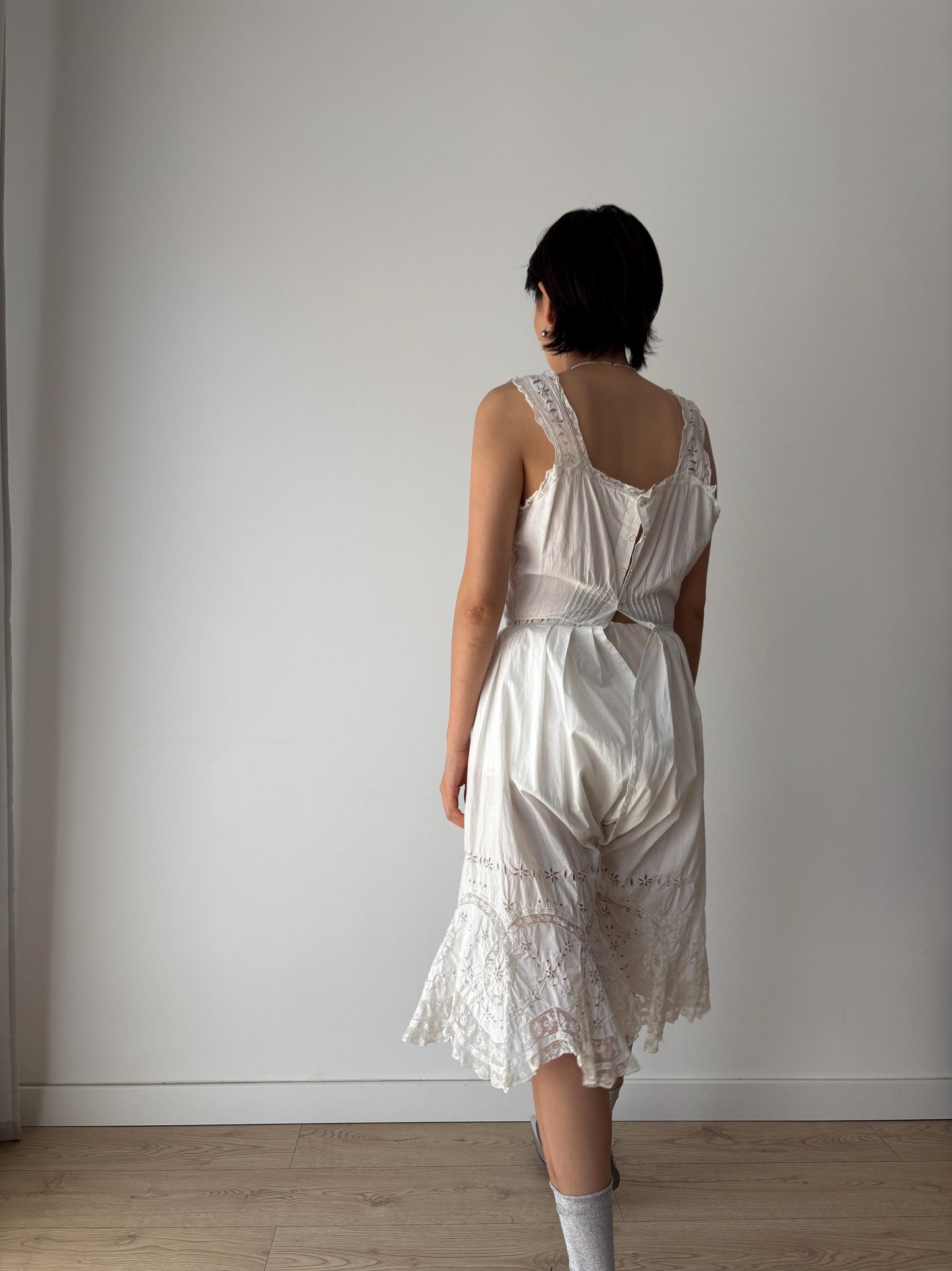 Antique 1910s Edwardian White Cotton  Floral Embroidered Lace Jumpsuit Romper, One Piece Cami Split Crotch Pantaloons with Broderie Anglaise