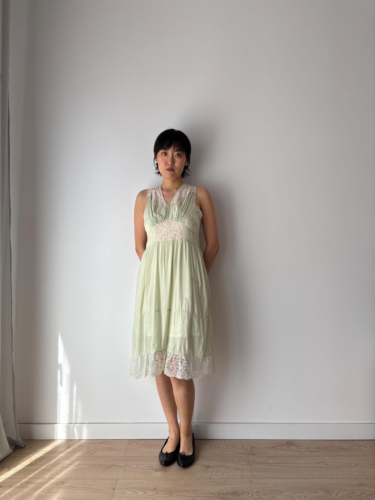 vintage 1940s 1930s mint green silk crepe heavy lace embroidered art deco dress, romantic parisian french dress