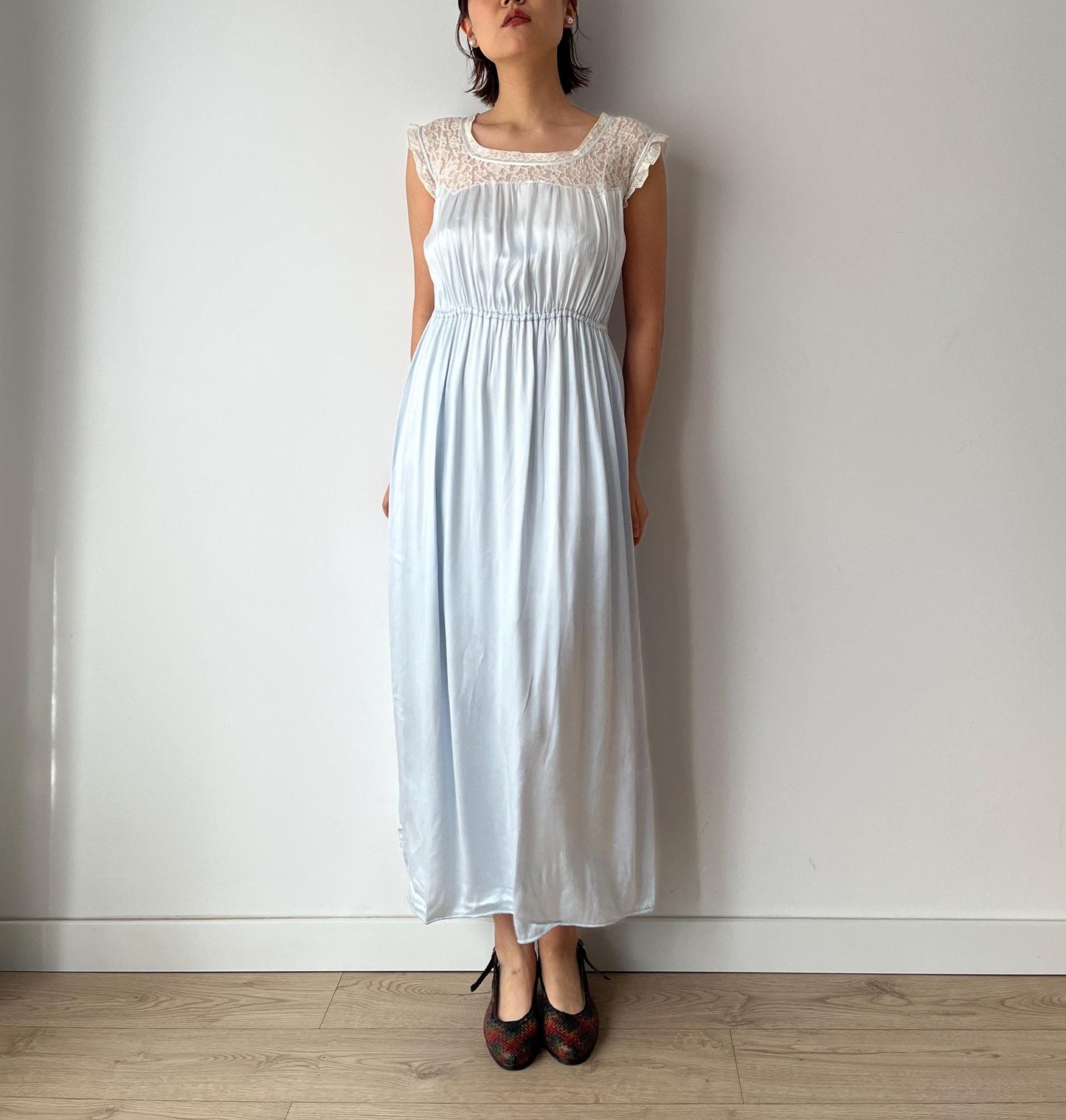 1940s Antique Bias Cut Negligee Pure Silk Liquid Satin Lace Nightgown