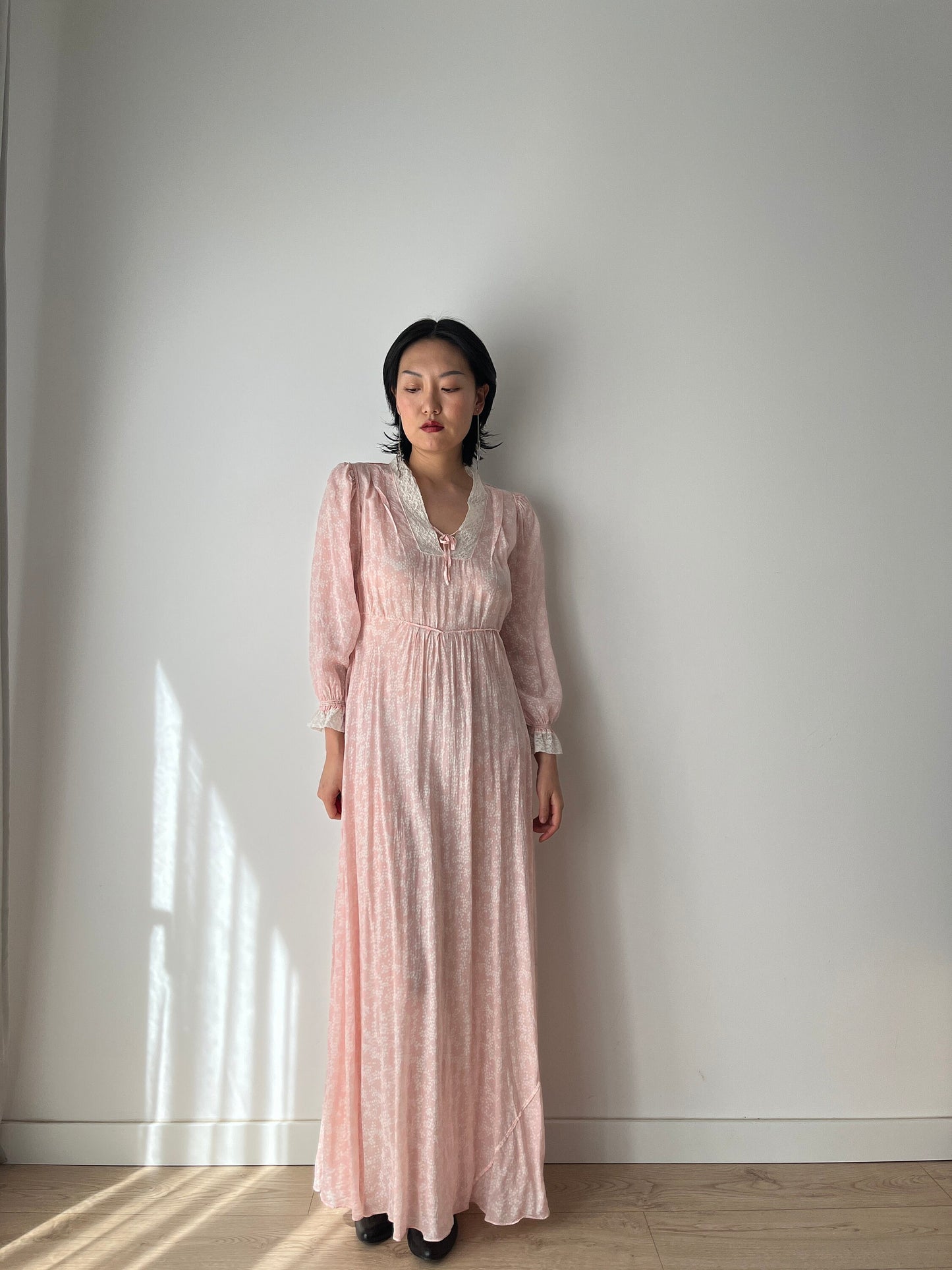 Antique 1940s bias cut liquid pure silk chiffon nightdress, Embroidered art deco pink maxi dress