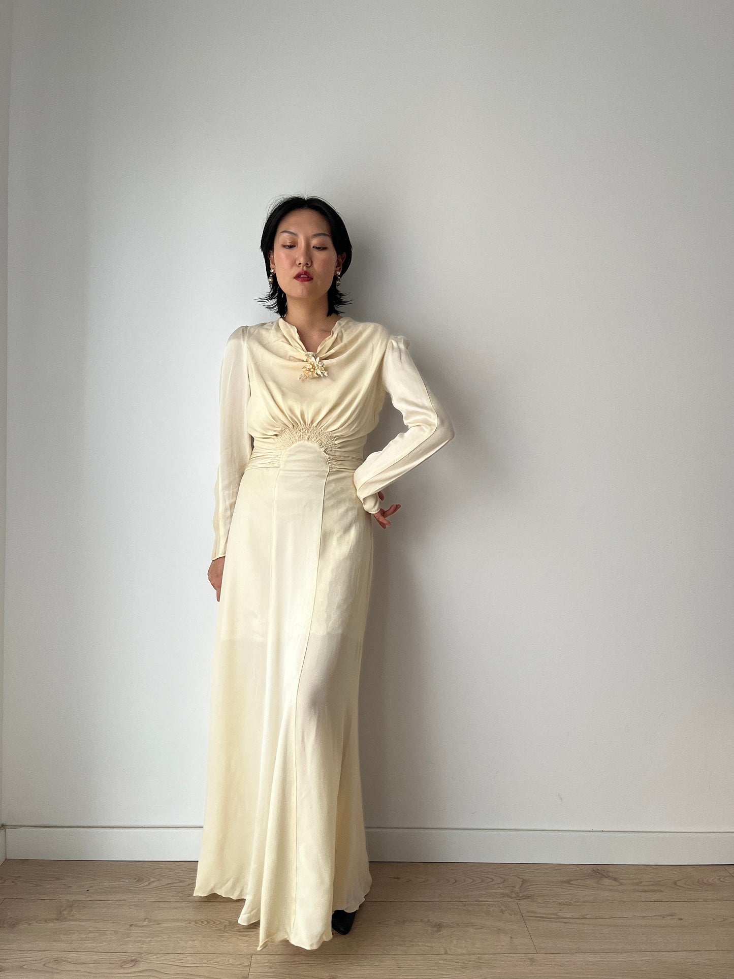 1930s Antique Bridal Lace Bias Cut Negligee Silk Satin Embroidered Wedding Dress