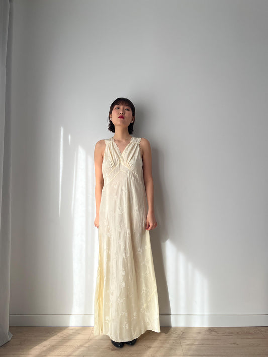 1930s Yellow Silk Bias Cut Pure Silk Satin Floral Print Wedding Nightgown