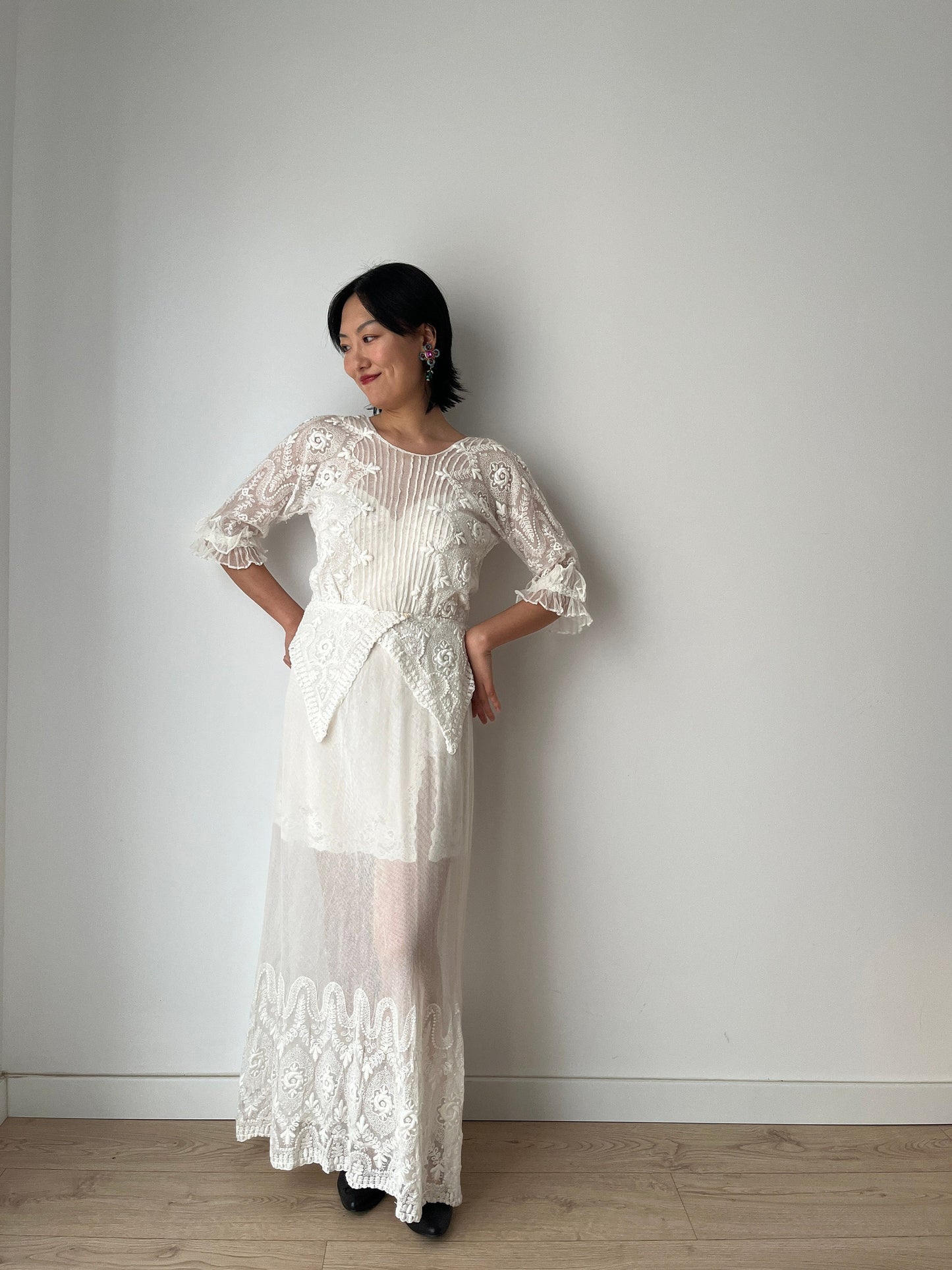 Antique 1910s 1900s White Cotton Lace Renaissance Victorian Edwardian Dress