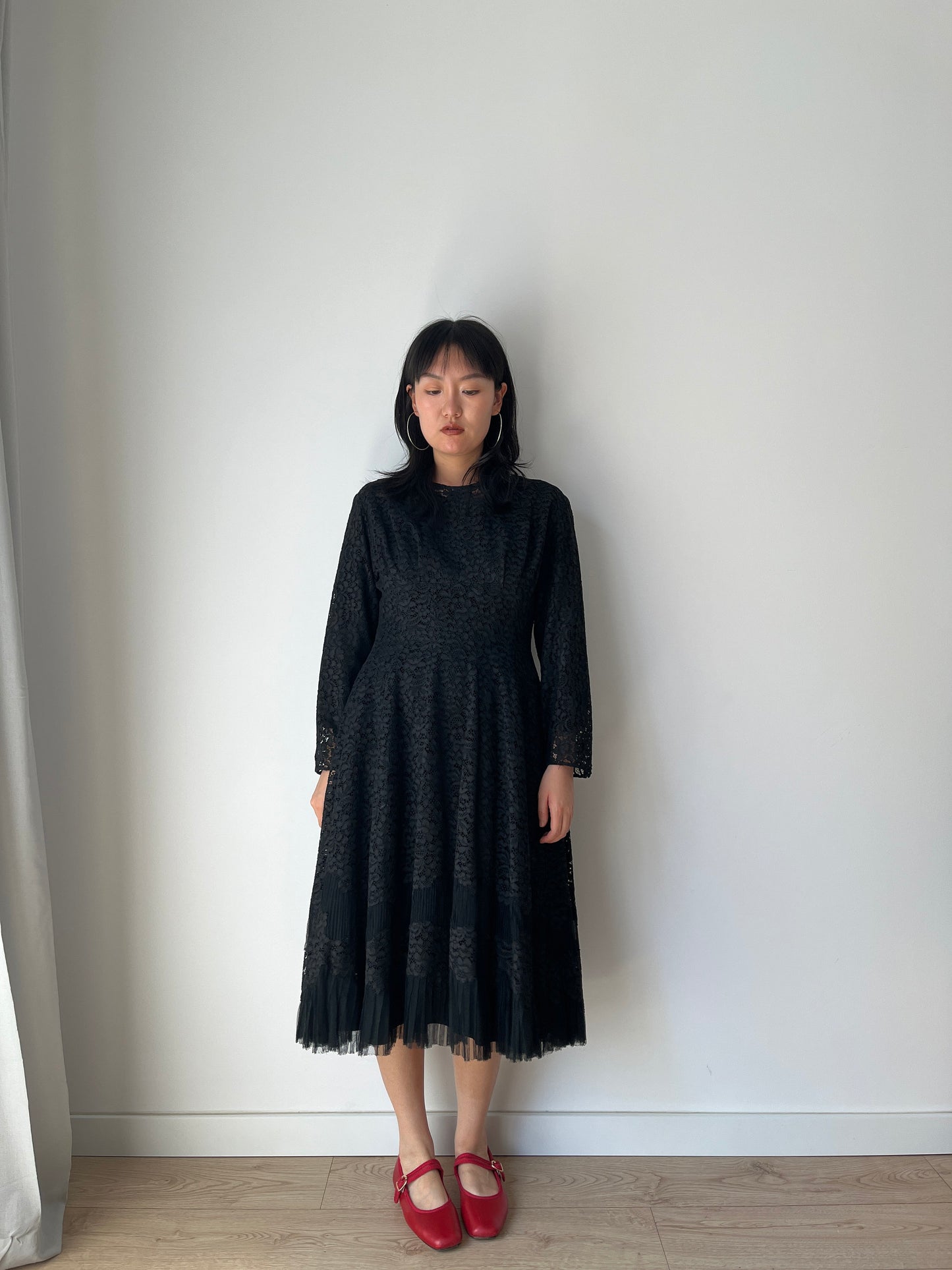 1950s Full Skirt Black Lace Dress/Cocktail Dress, Vintage Lace Dress