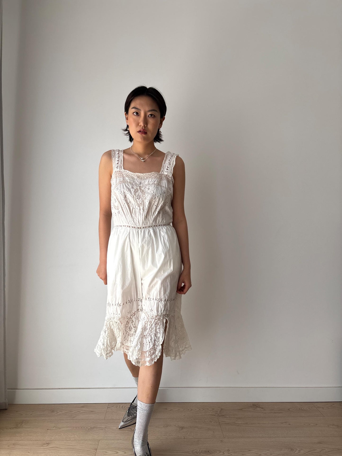 Antique 1910s Edwardian White Cotton  Floral Embroidered Lace Jumpsuit Romper, One Piece Cami Split Crotch Pantaloons with Broderie Anglaise