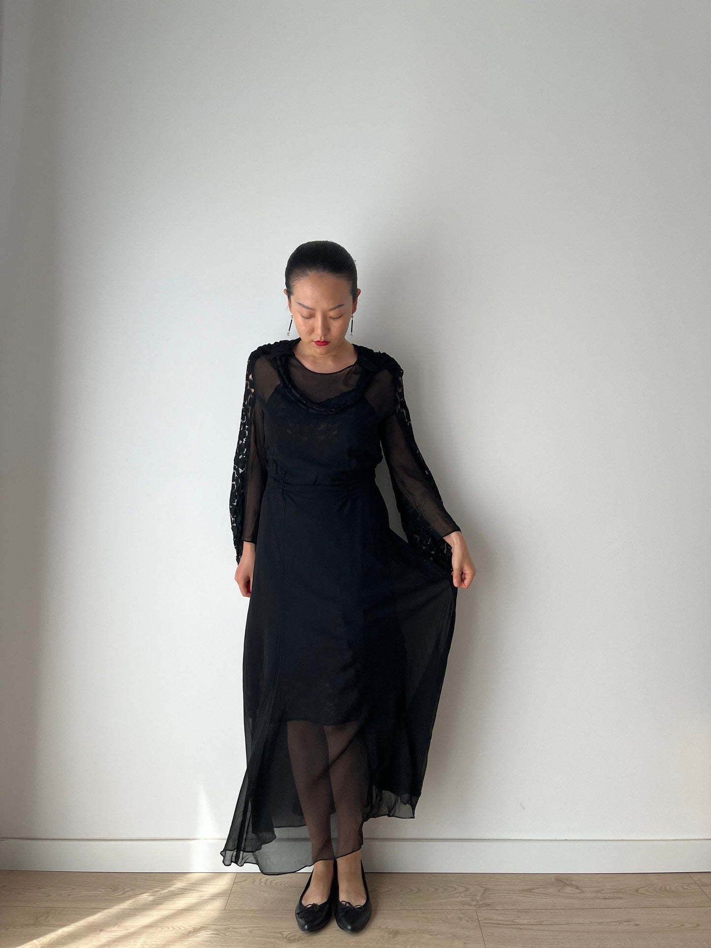 1920s Black Silk Antique Evening Night Transparent Dress Flapper Lace Embroidered dress