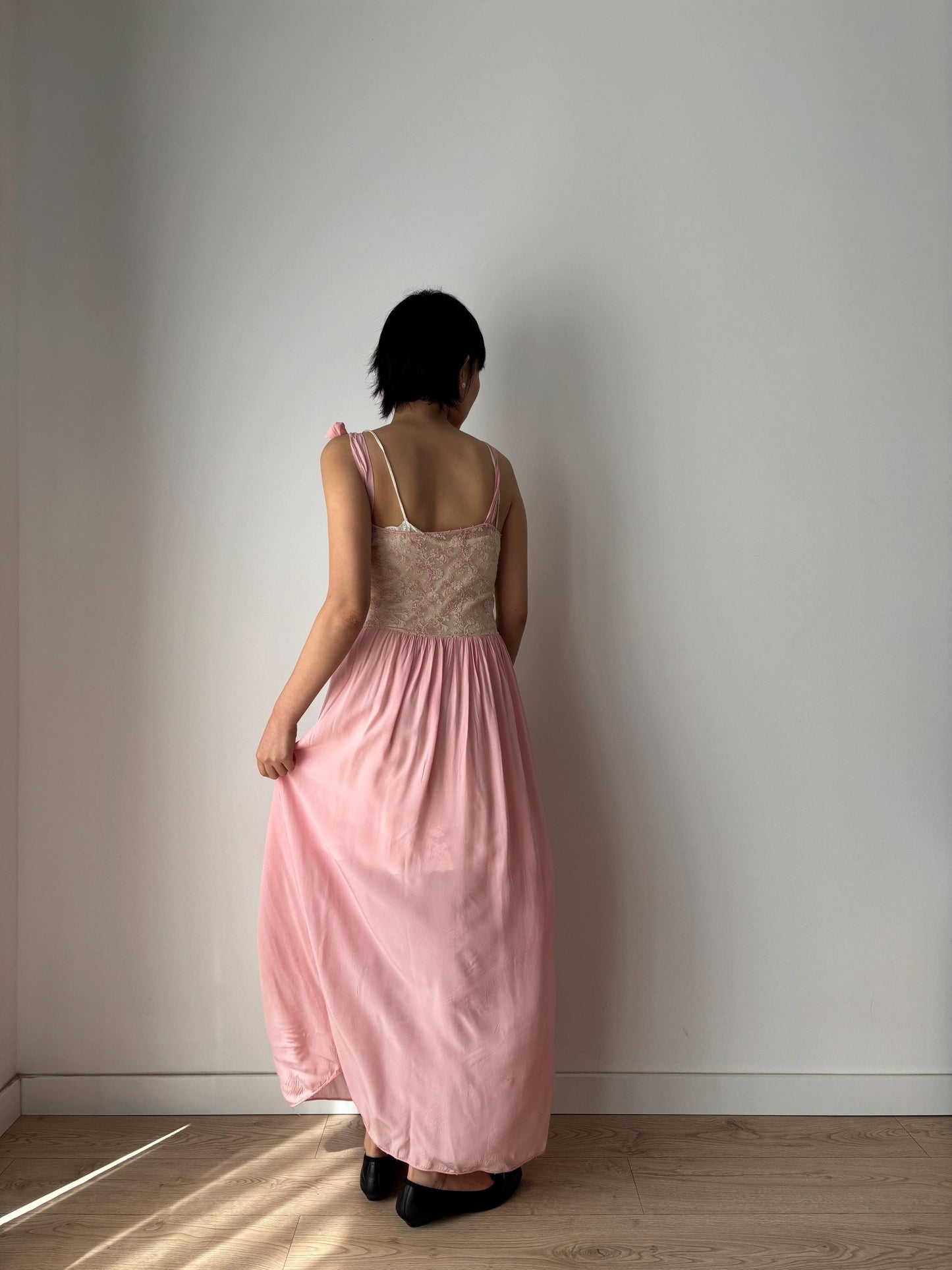 1930s Antique Pink Pure Silk Crepe Lace Nightgown with waist belt