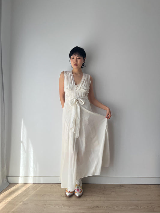 1930s Antique Bridal Lace Bias Cut Negligee Silk Satin Embroidered Nightgown