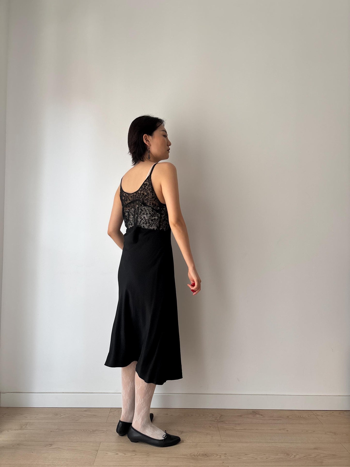 Antique 1930s 1940s black liquid satin pure silk lace art embroidered deco bias cut nightgown maxi slip under dress