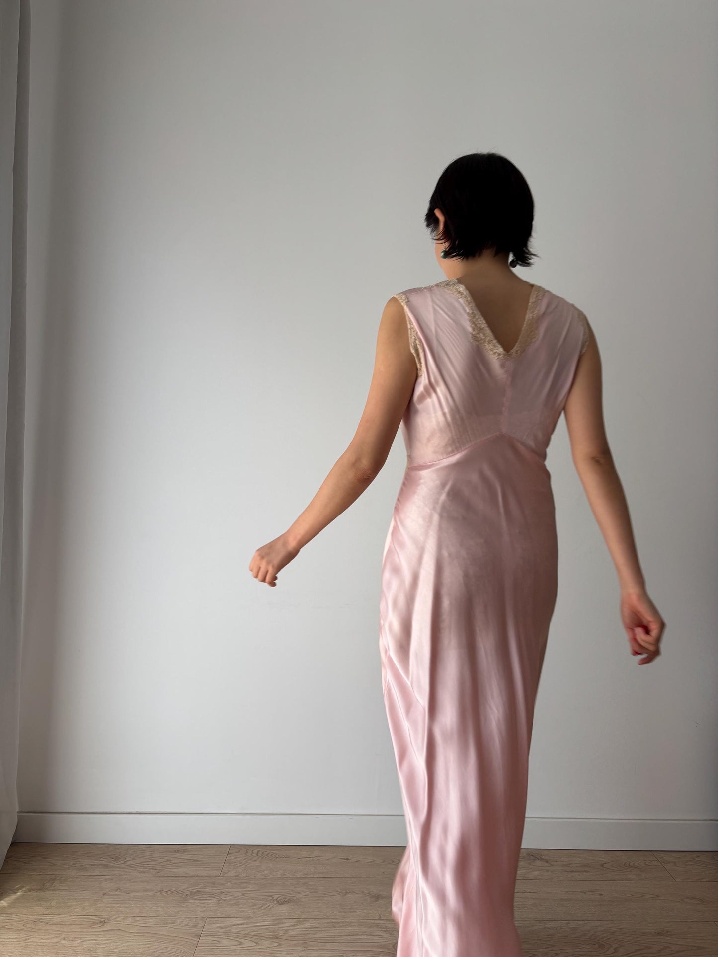 1930s Antique Lace appliqué Peach Pink Pure Silk bias cut gown, Liquid Satin Silk Maxi Dress