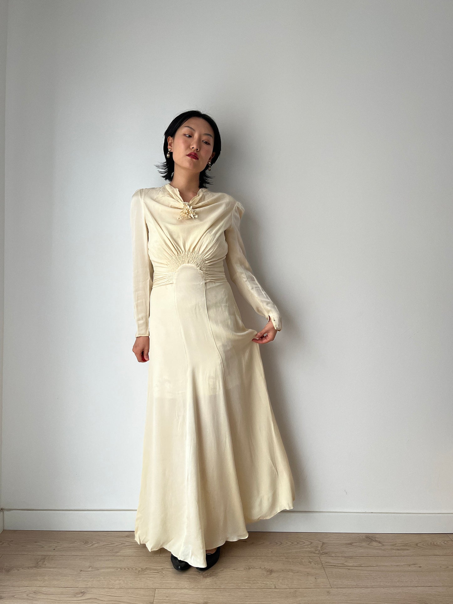 1930s Antique Bridal Lace Bias Cut Negligee Silk Satin Embroidered Wedding Dress