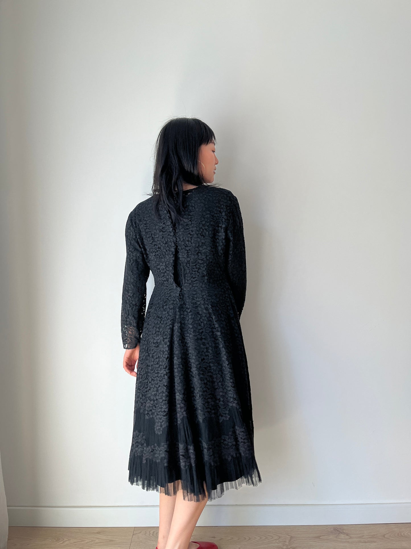 1950s Full Skirt Black Lace Dress/Cocktail Dress, Vintage Lace Dress