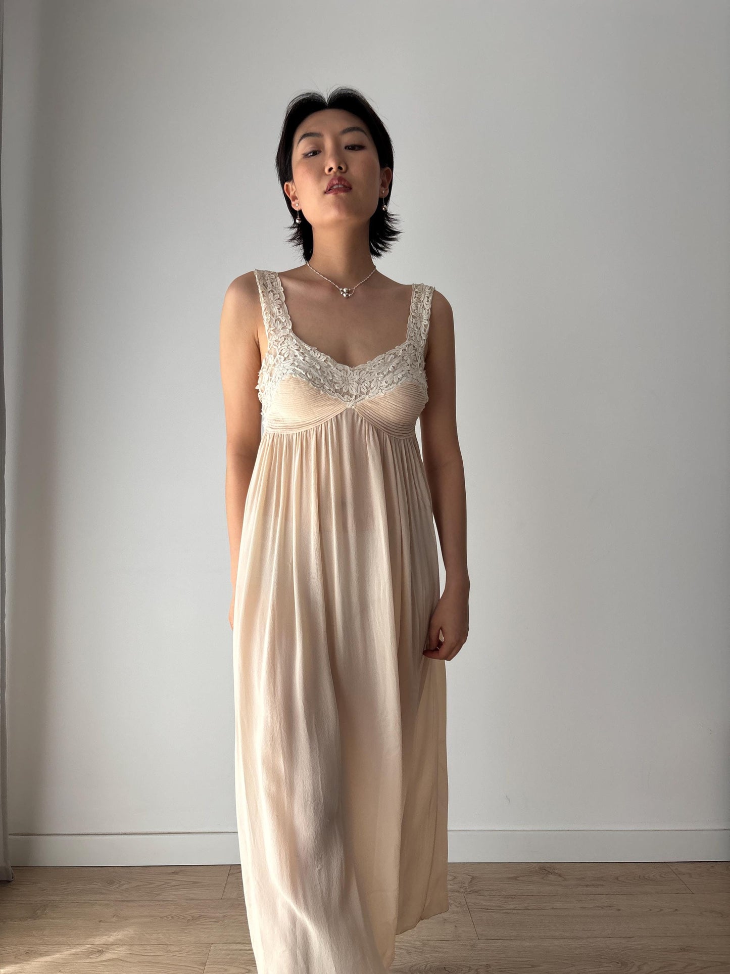 1930s Antique Pure Silk Crepe Embroidered Romantic Lace Bridal Dress