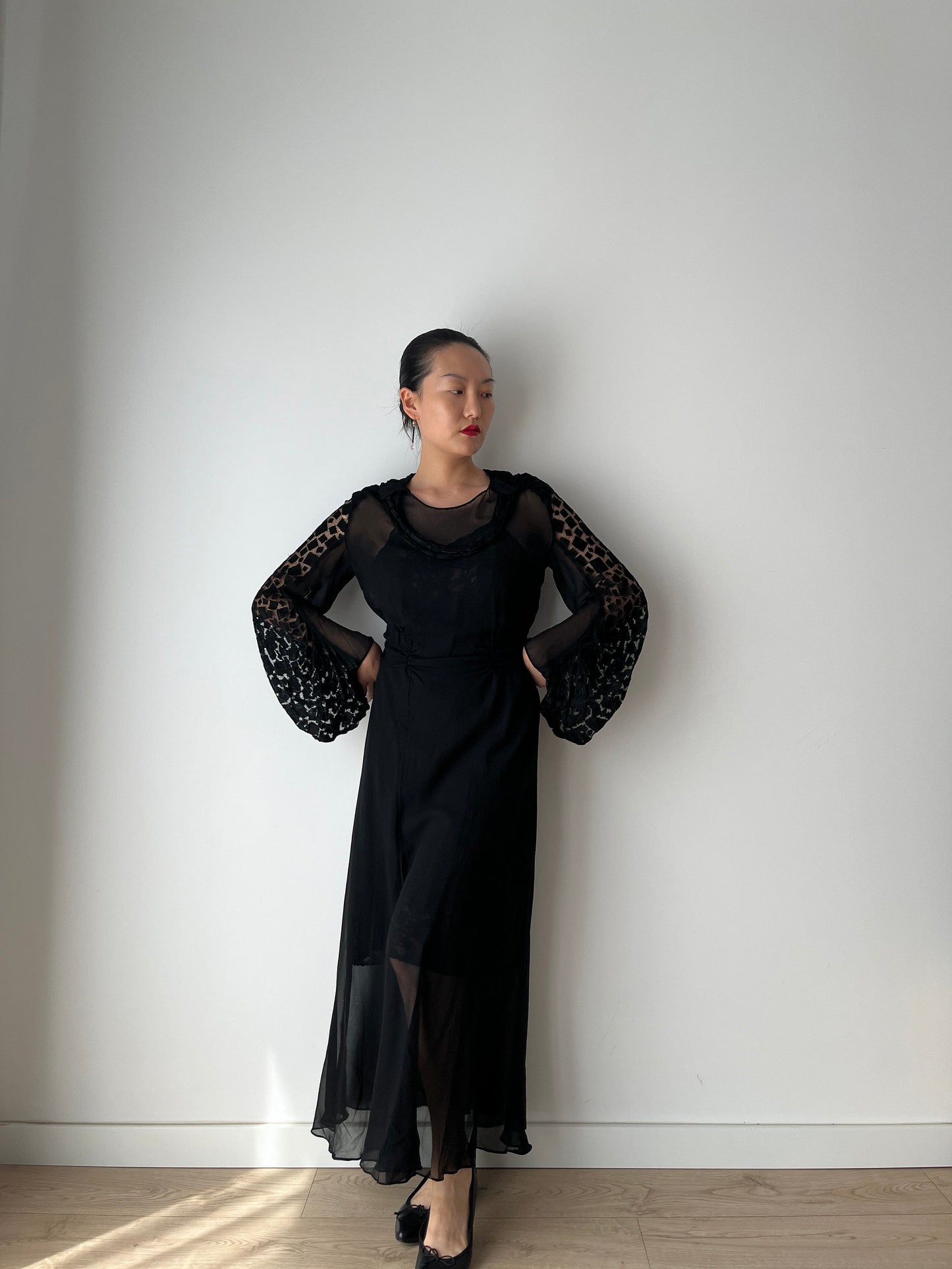 1920s Black Silk Antique Evening Night Transparent Dress Flapper Lace Embroidered dress