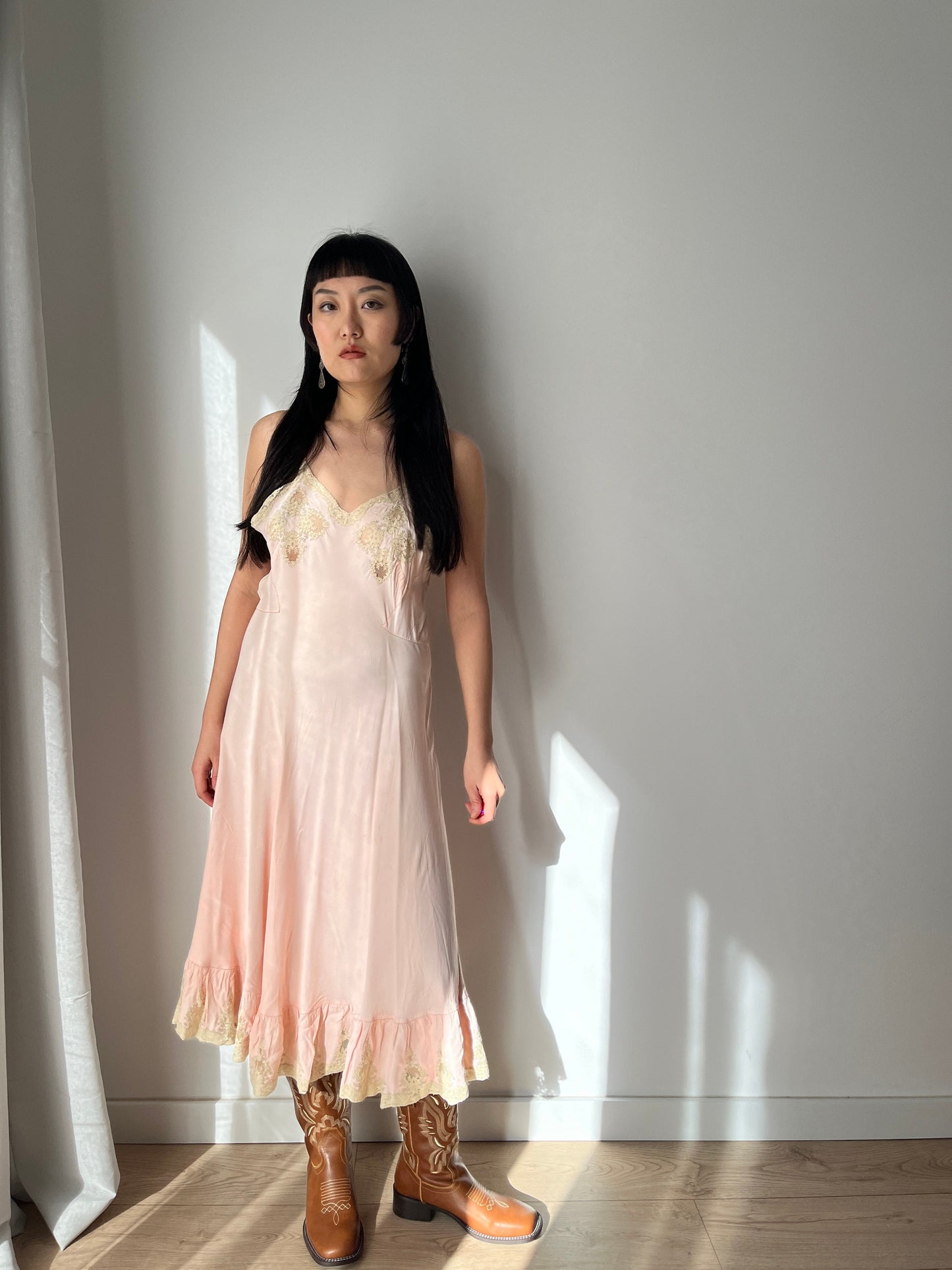 1930s Antique Pastel Pink Lace Liquid Crepe Silk Slip dress, Vintage lace mini dress