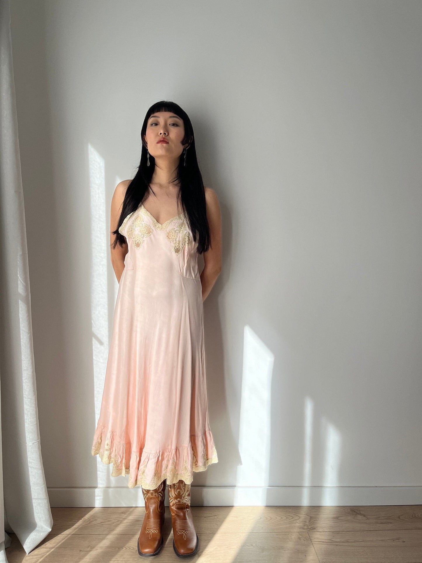 1930s Antique Pastel Pink Lace Liquid Crepe Silk Slip dress, Vintage lace mini dress