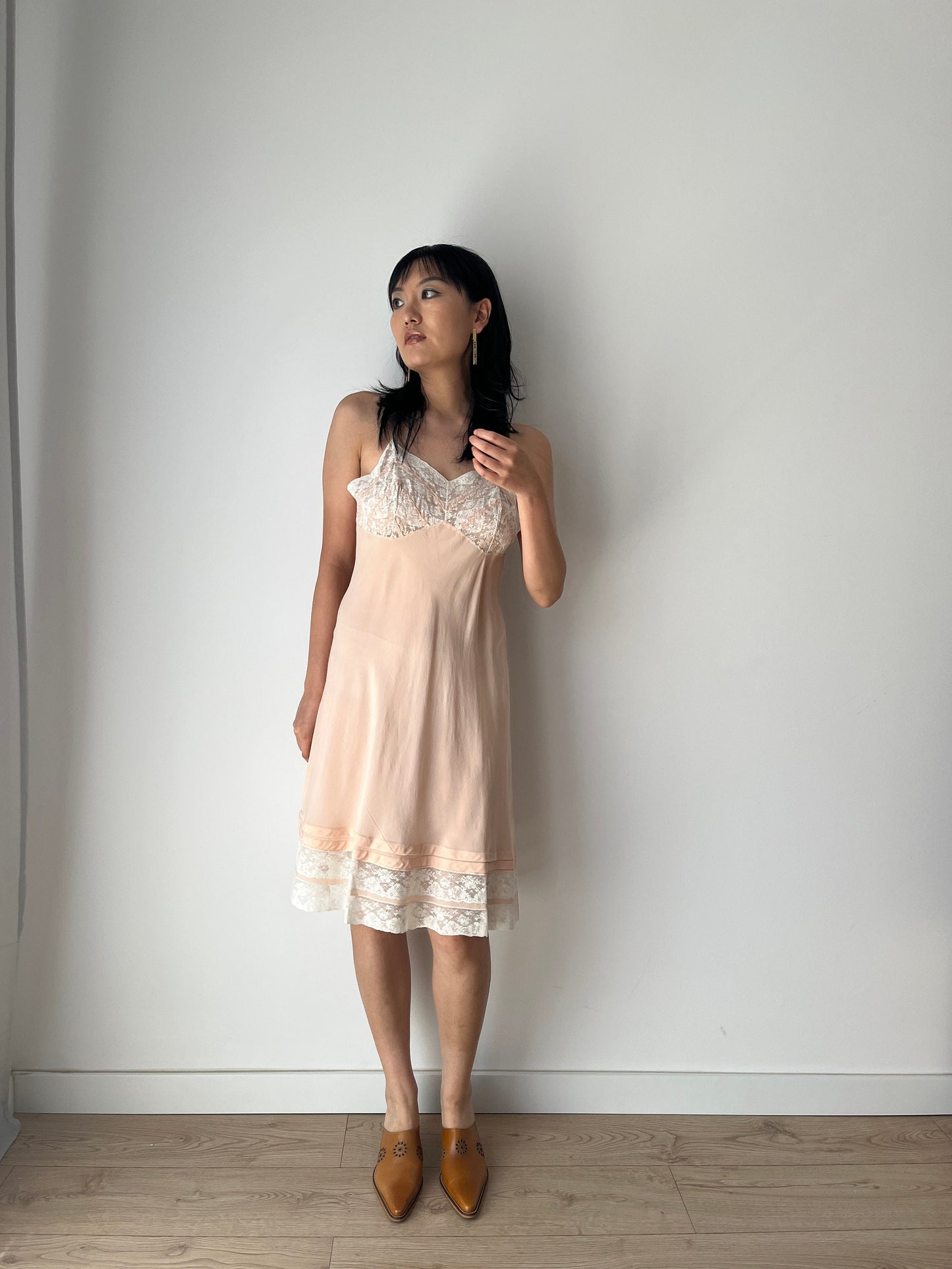 1930s Antique Pastel Pink Lace Liquid Crepe Silk Slip dress, Vintage lace mini dress