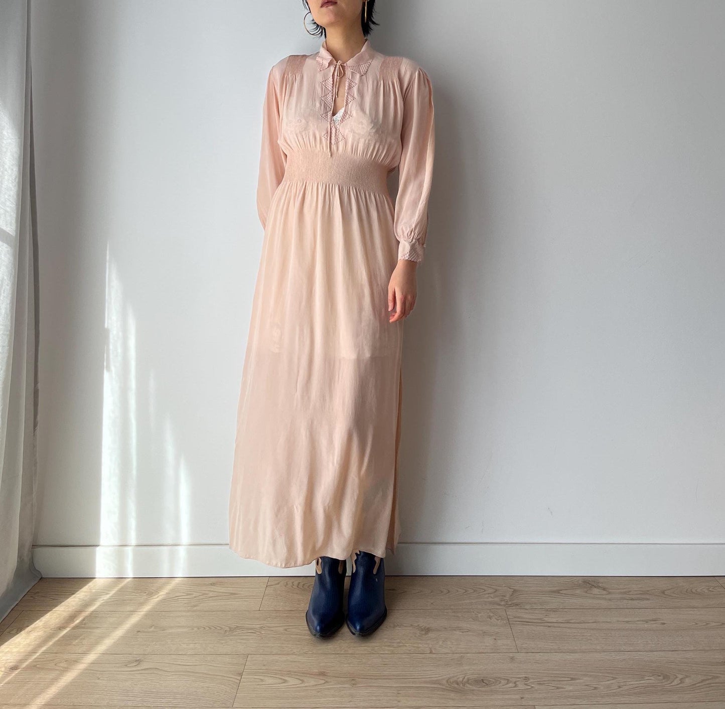 Antique 1930s 1940s ribbon bias cut liquid silk crepe sheer bridal nightdress