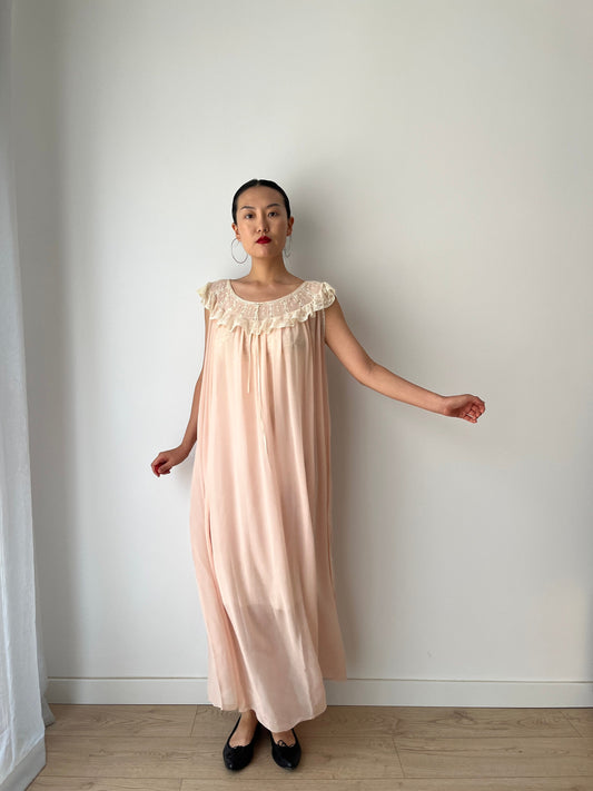 1930s Antique Peach Pure Silk Crepe Lace Nightgown, Liquid Satin Silk Nightdress
