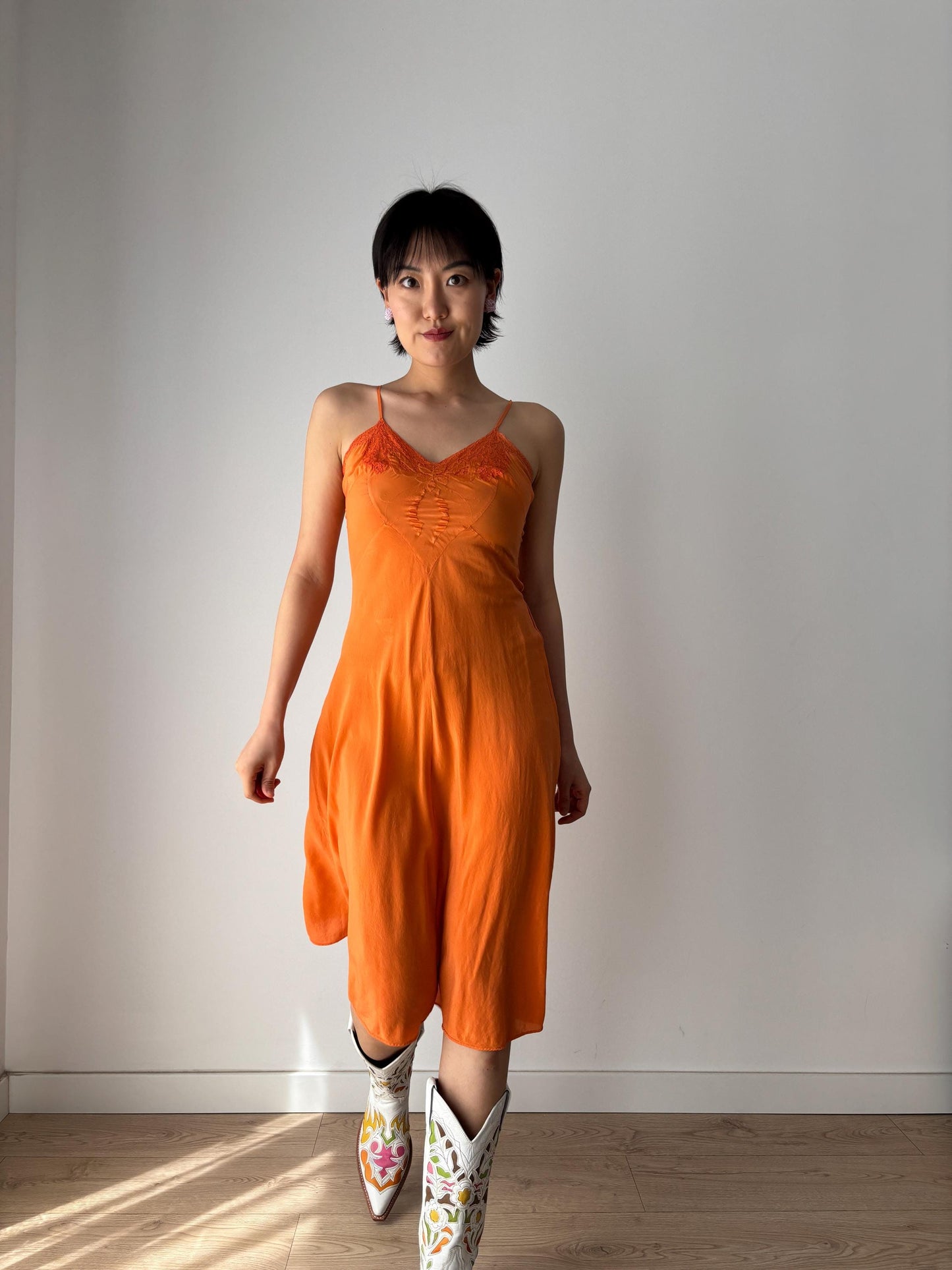 1920s 1930s 100% Silk Orange Bow Appliqué Embroidered Slip dress