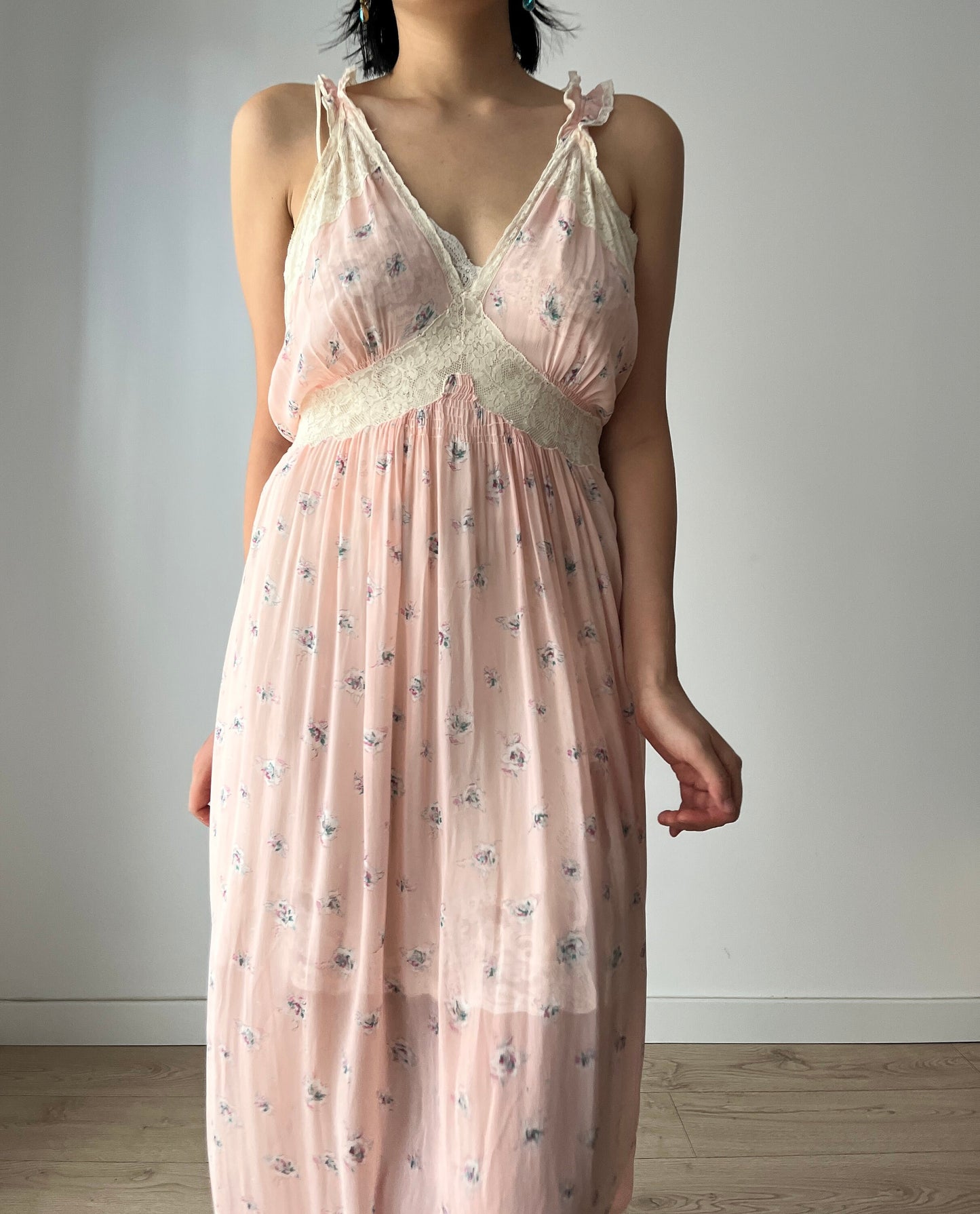 vintage 1930s pink floral print crepe silk lace ribbon art deco dress, romantic parisian nightgown