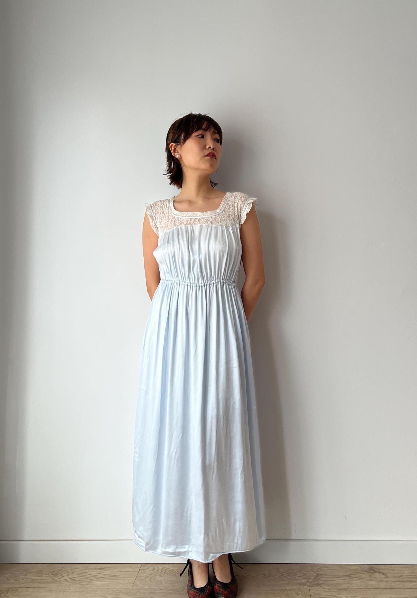 1940s Antique Bias Cut Negligee Pure Silk Liquid Satin Lace Nightgown