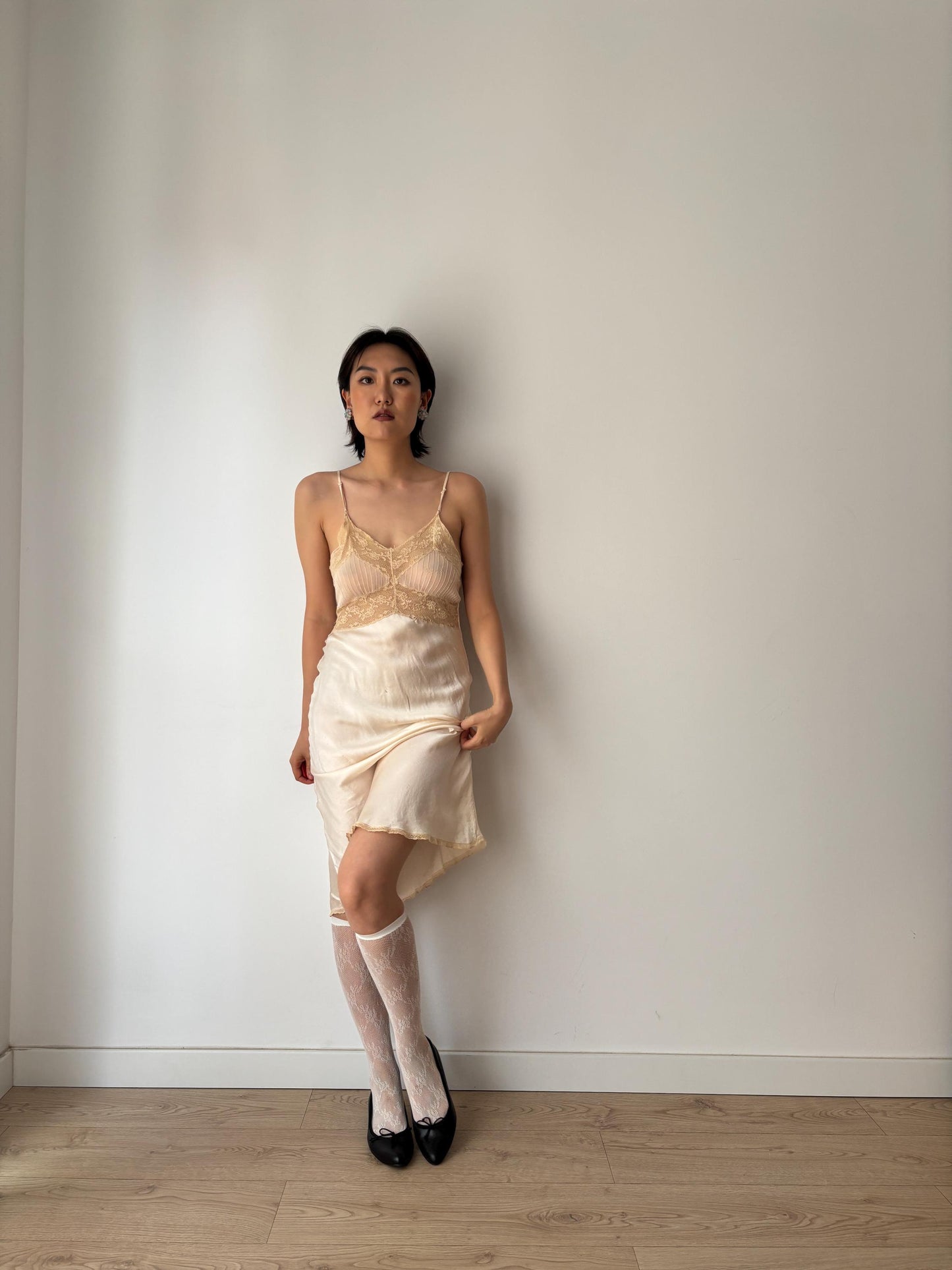 1930s 1920s Antique Pastel Pink Flower bow print Embroidered Lace Silk Satin Slip dress