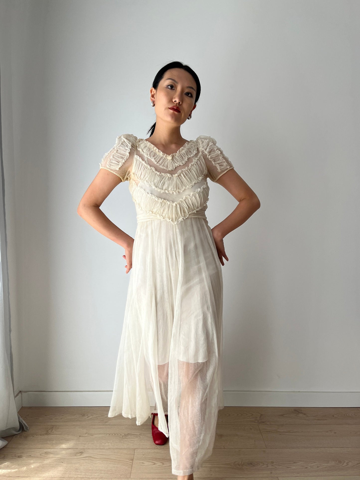 Vintage Antique 1920s Lace Sheer Wedding Dress, Translucent Sequined Bridal Dress