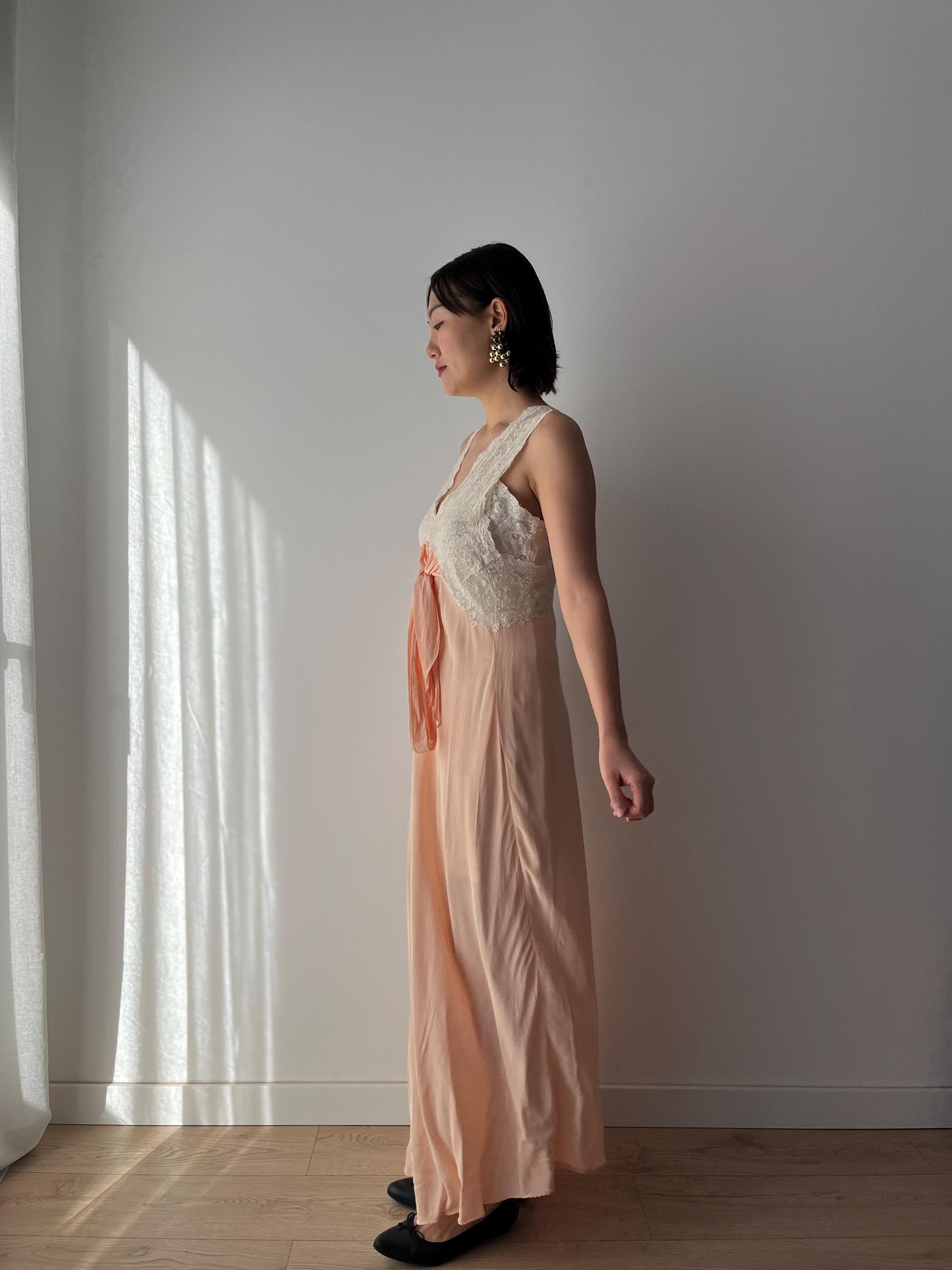 1930s Antique Peach Pure Silk Crepe Lace Nightgown Maxi Dress