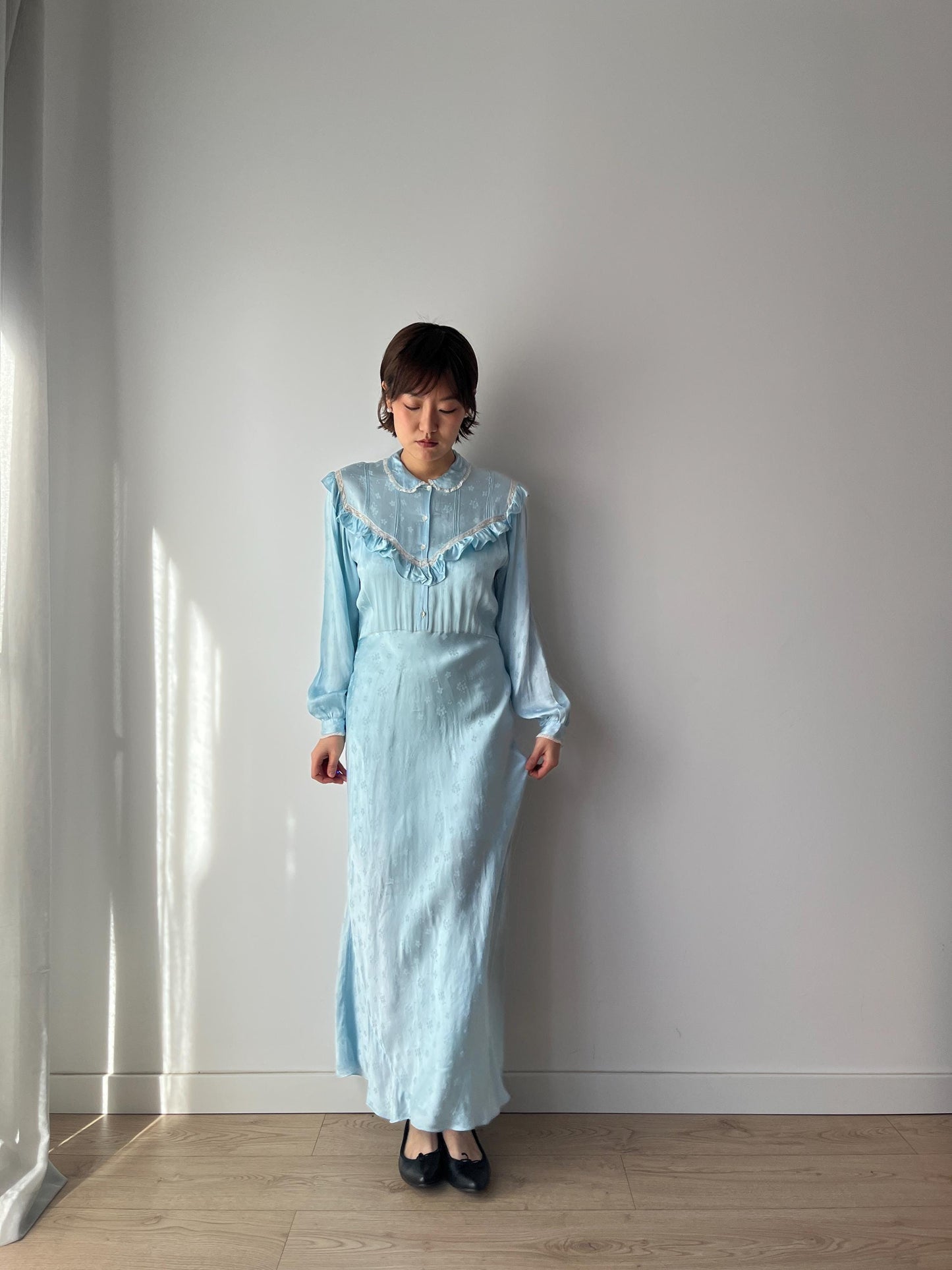 Antique 1930s floral print bias cut liquid silk satin bridal nightdress