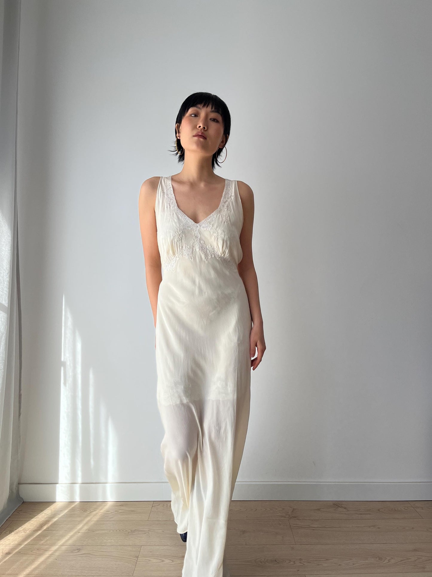 1930s Antique Bridal Lace Bias Cut Negligee Silk Satin Embroidered Nightgown