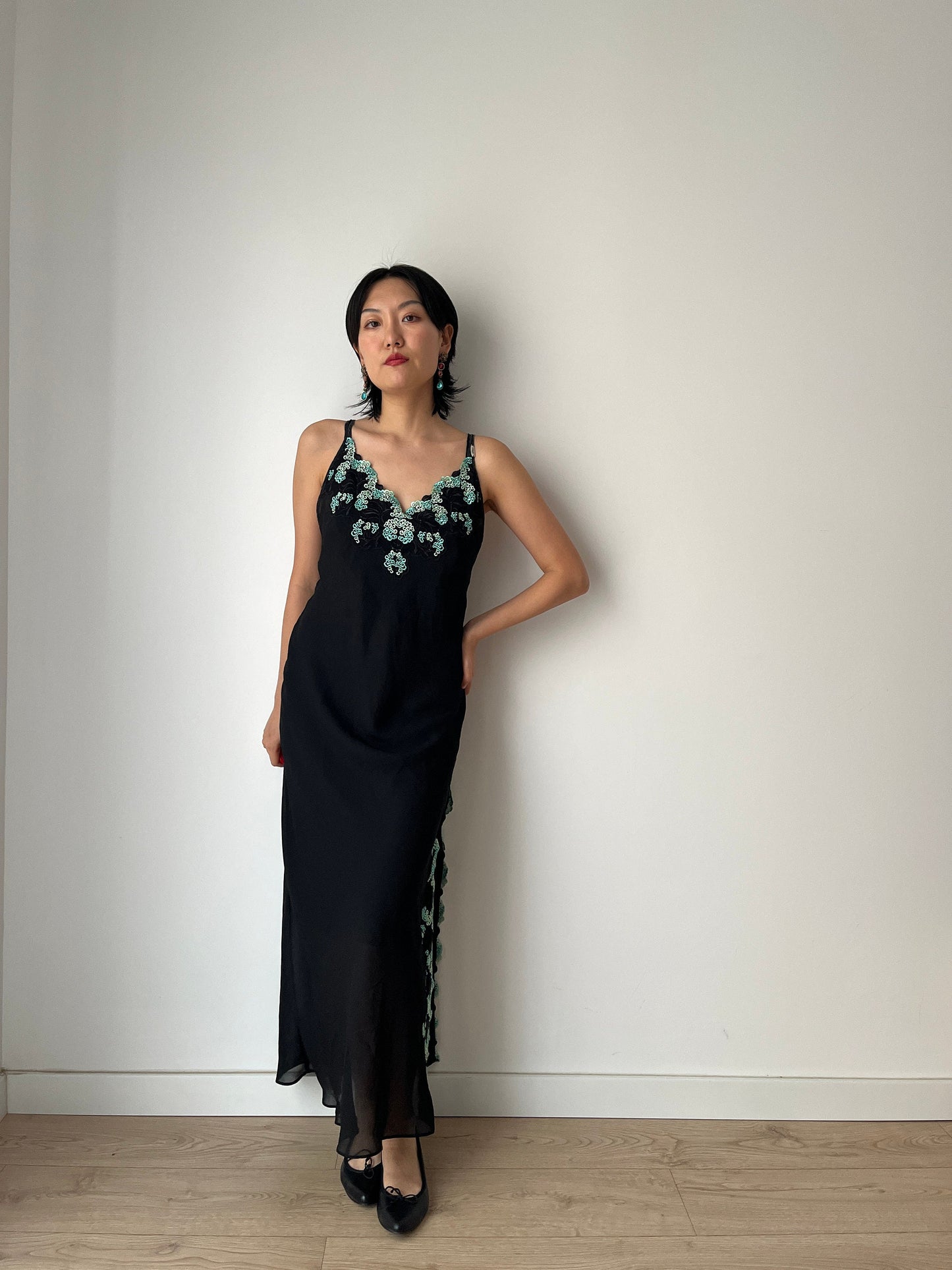 Vintage black pure silk chiffon lace cut out embroidered nightdress