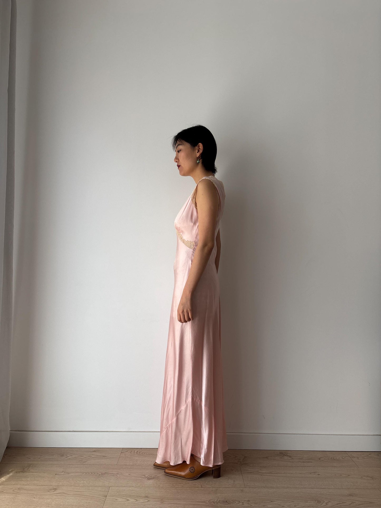 1930s Antique Lace appliqué Peach Pink Pure Silk bias cut gown, Liquid Satin Silk Maxi Dress