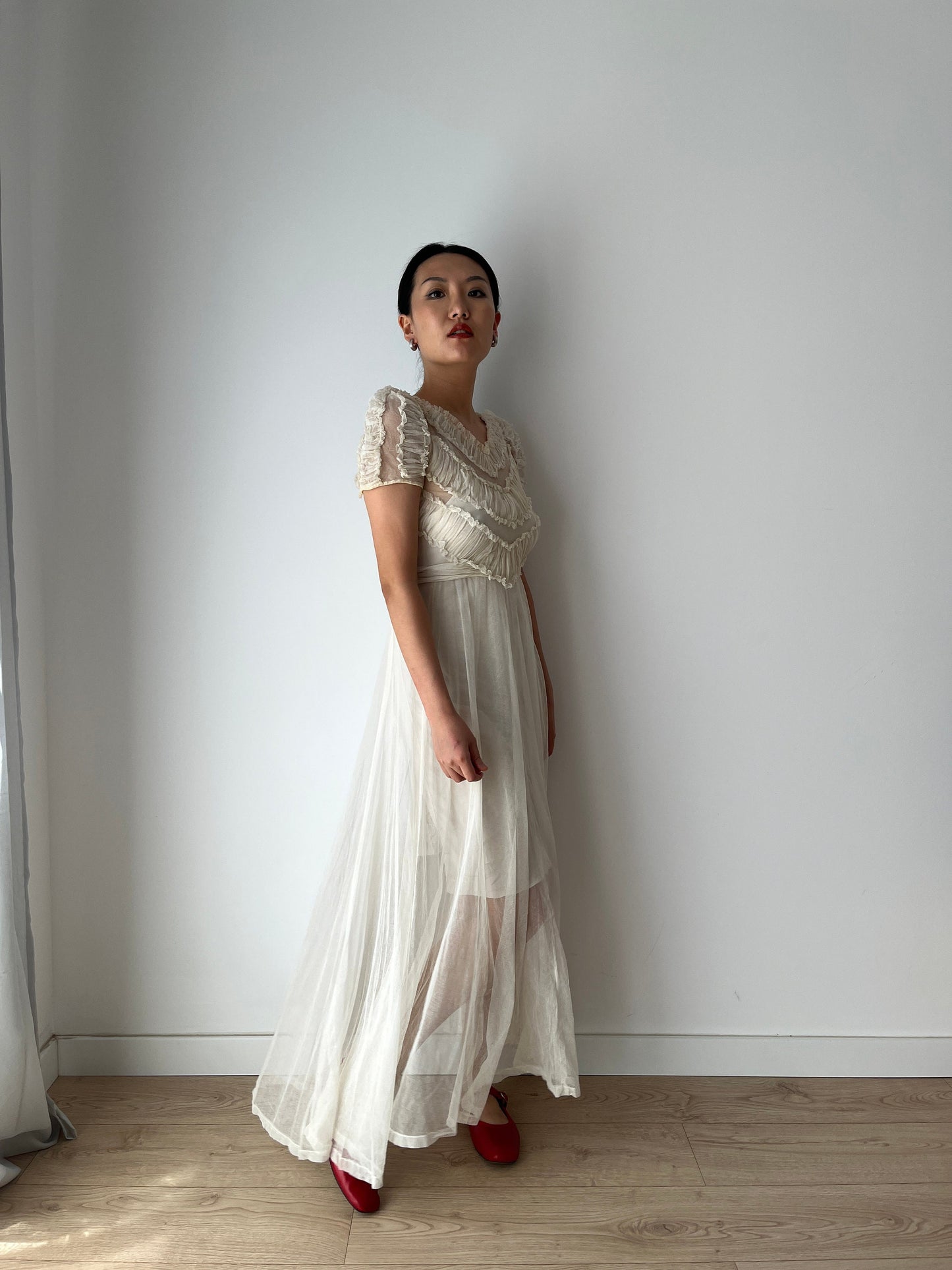 Vintage Antique 1920s Lace Sheer Wedding Dress, Translucent Sequined Bridal Dress
