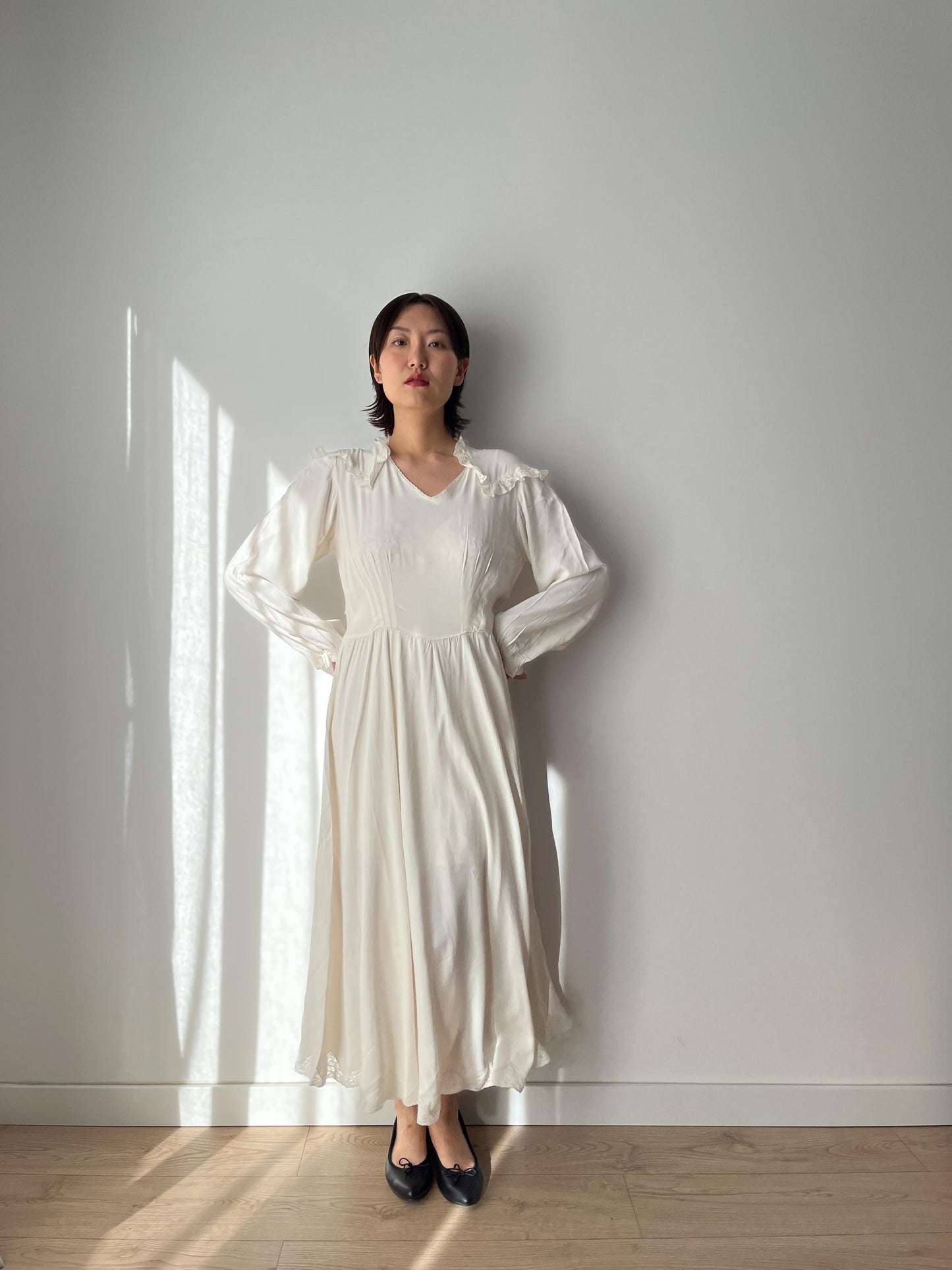 1940s Antique Lace White 100% Pure Silk Liquid Satin Long Maxi dress