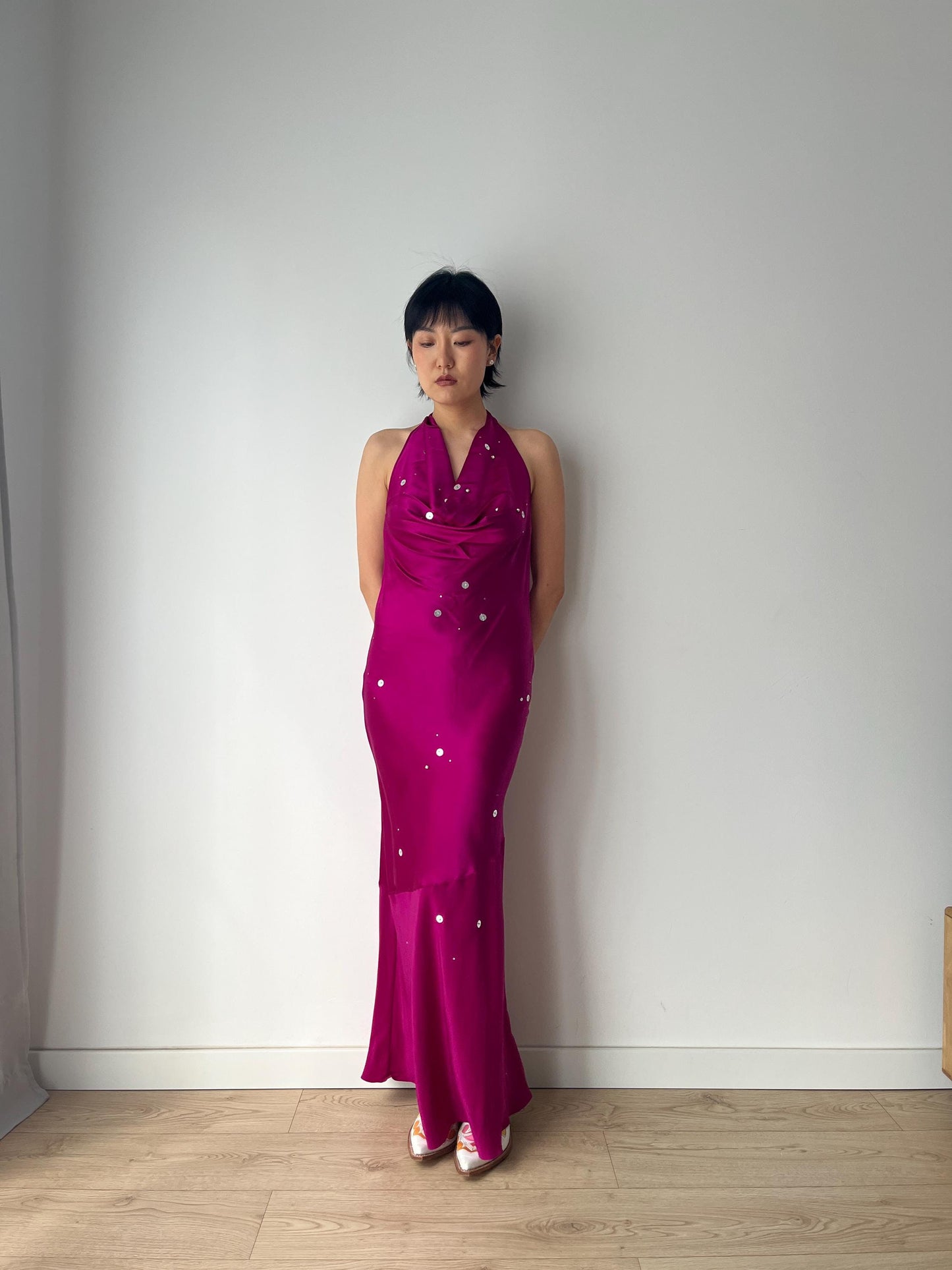 Vintage 90s 2000s Y2K liquid silk satin hot pink silk slip long maxi camisole underdress