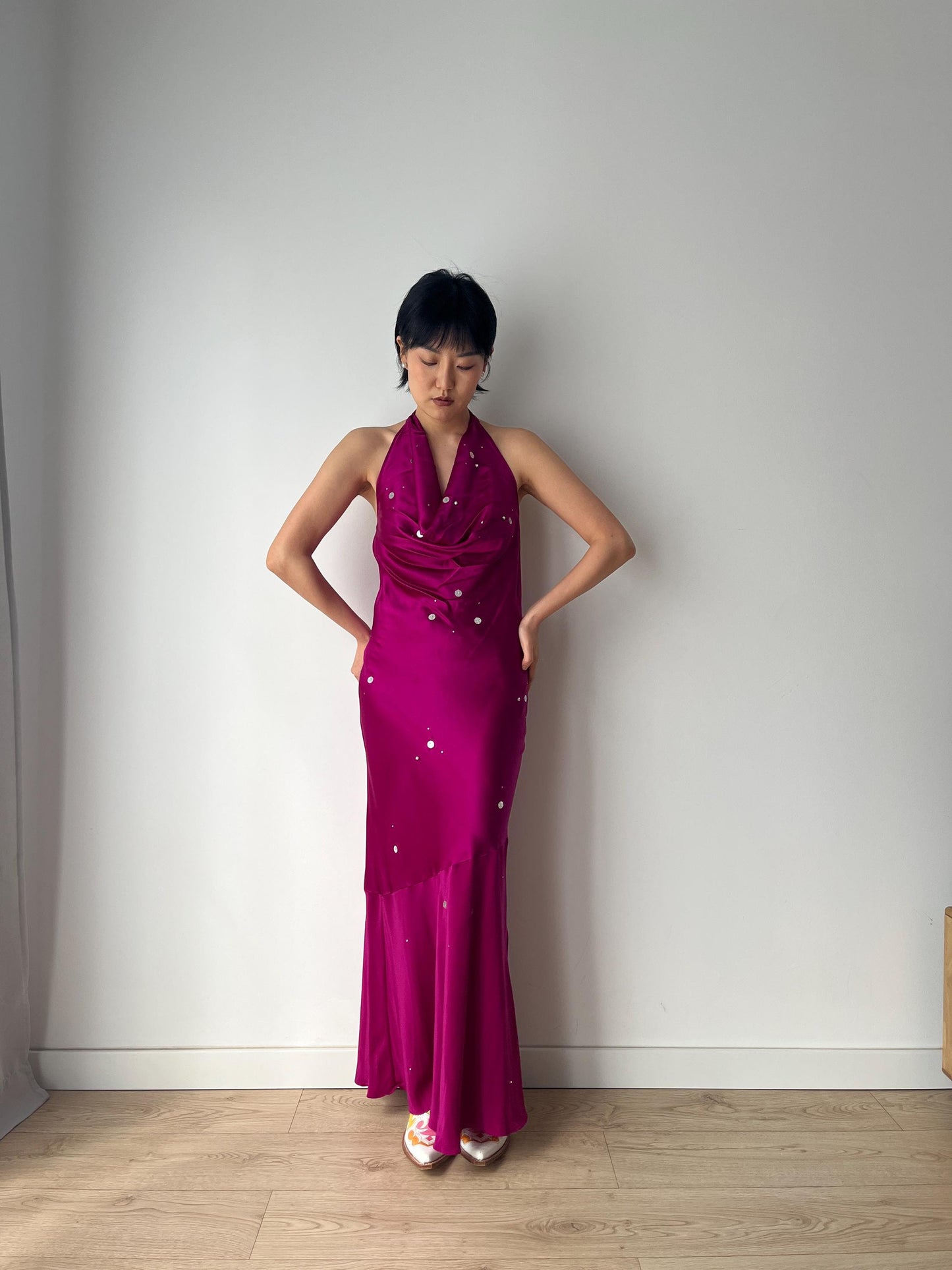 Vintage 90s 2000s Y2K liquid silk satin hot pink silk slip long maxi camisole underdress