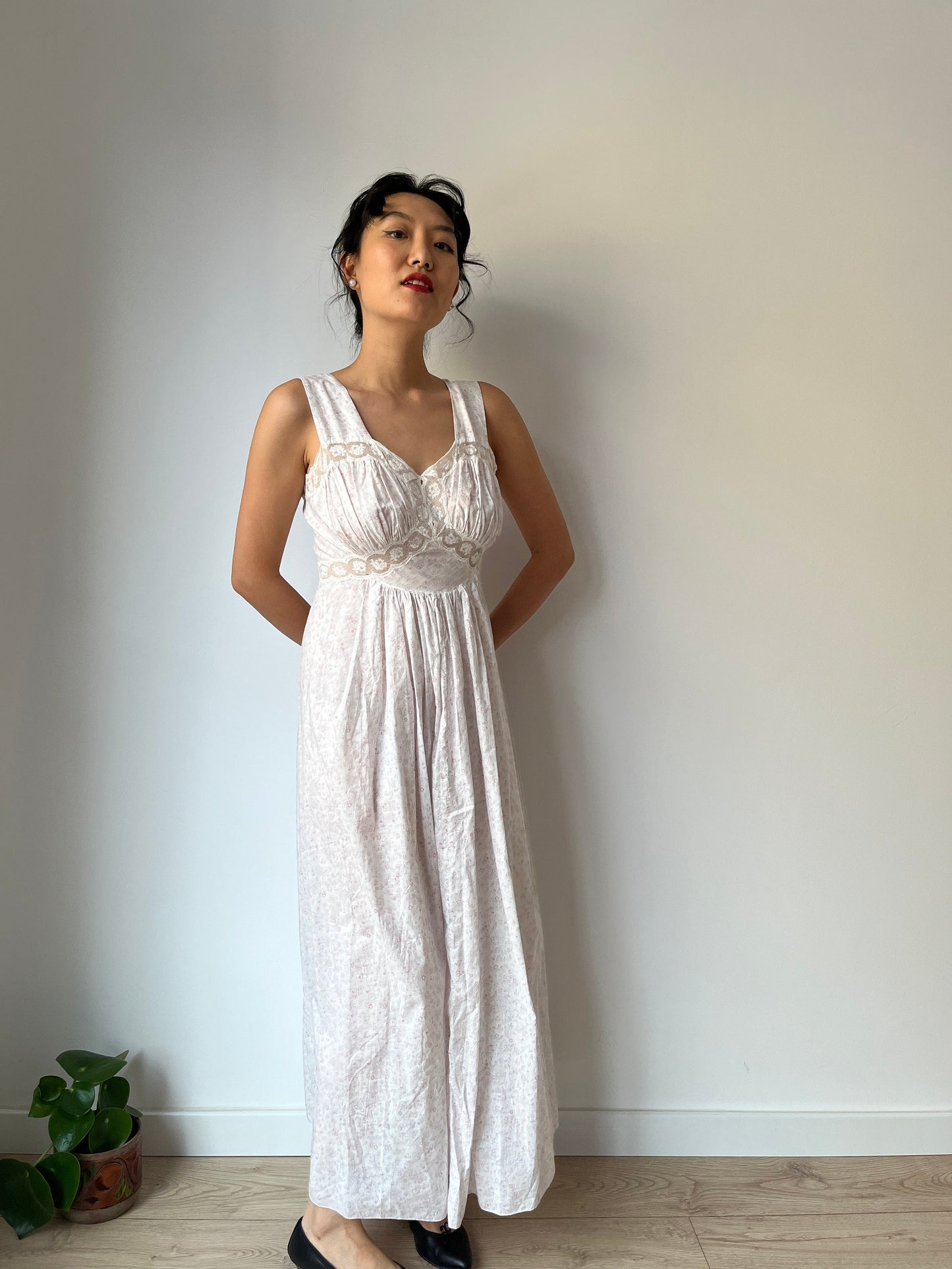 vintage 1950s pink floral print cotton lace ribbon art deco dress, romantic parisian nightgown