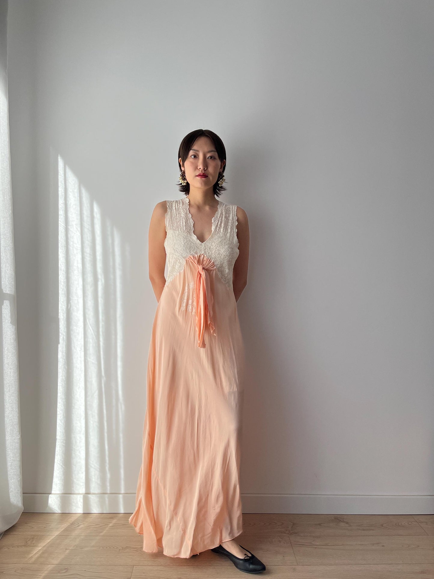 1930s Antique Peach Pure Silk Crepe Lace Nightgown Maxi Dress