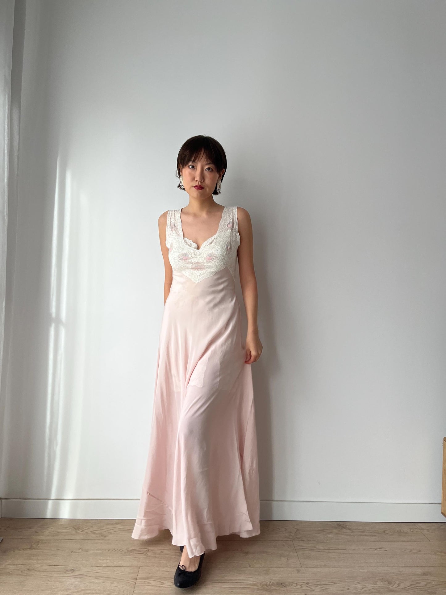 1930s 1940s Antique Bias Cut Ruffle Lace Pastel Pink Pure Silk Embroidered Nightgown