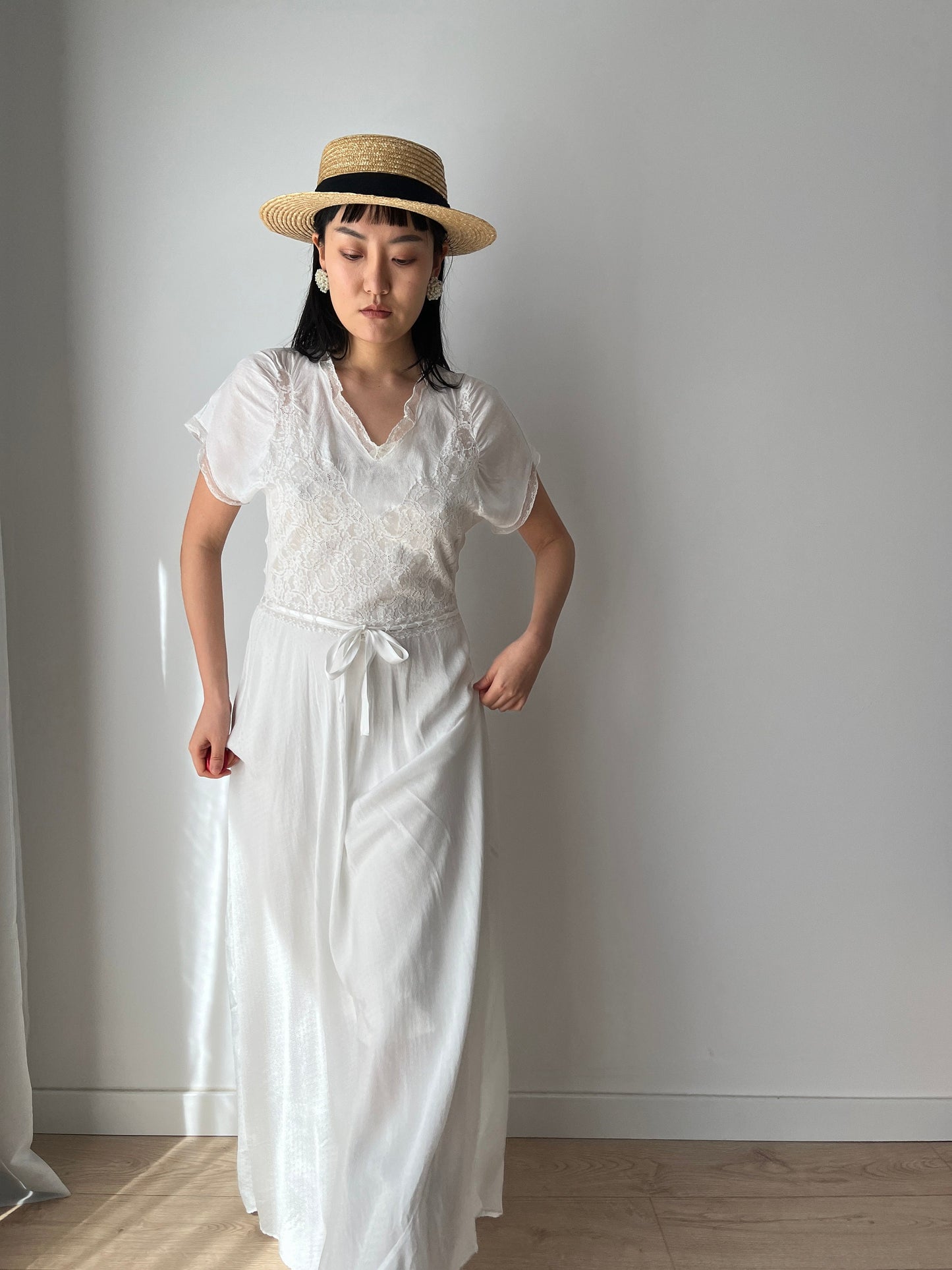 1930s Antique Bias Cut Rayon Embroidered Lace Bridal Dress