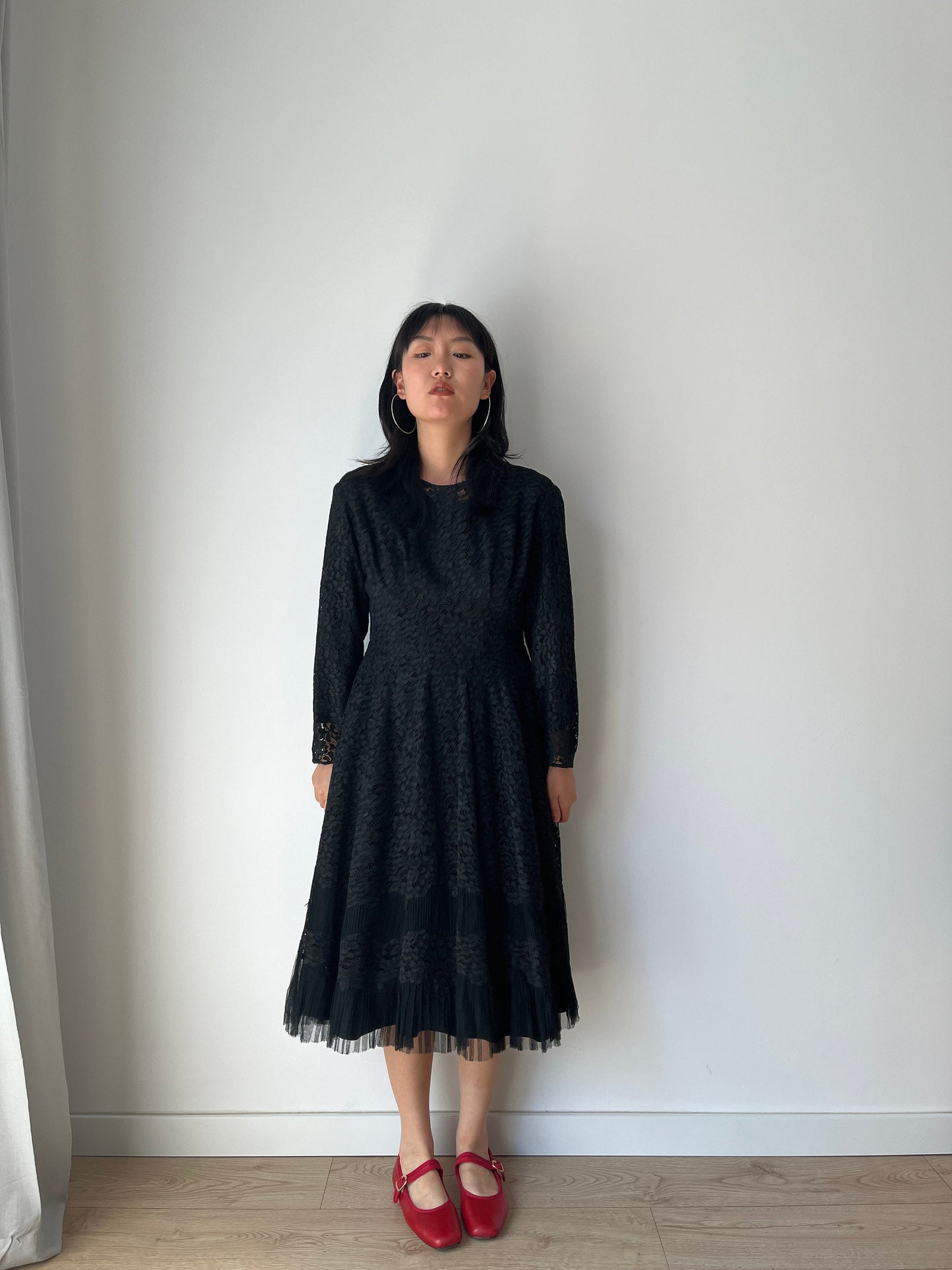 1950s Full Skirt Black Lace Dress/Cocktail Dress, Vintage Lace Dress