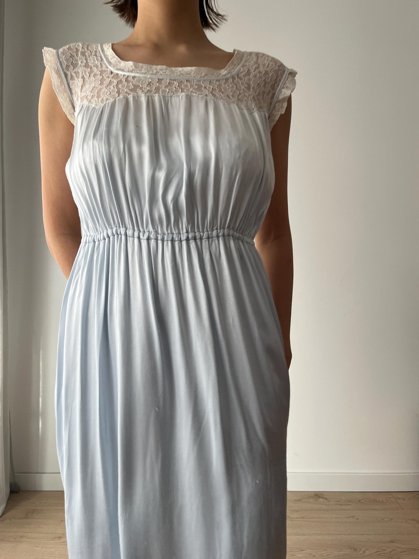 1940s Antique Bias Cut Negligee Pure Silk Liquid Satin Lace Nightgown