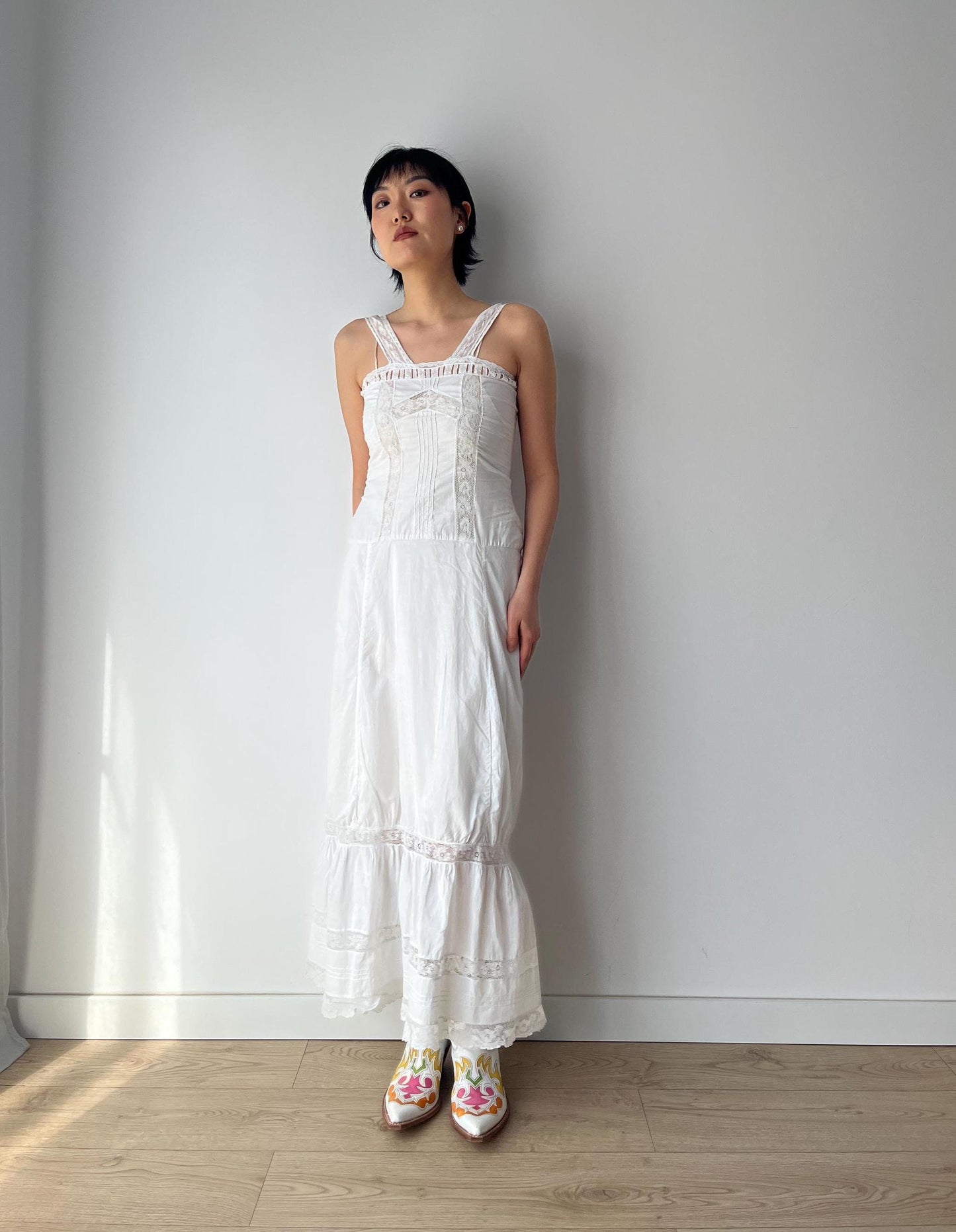 1910s 1900s Antique White Cotton Edwardian Victorian Lace Slip dress