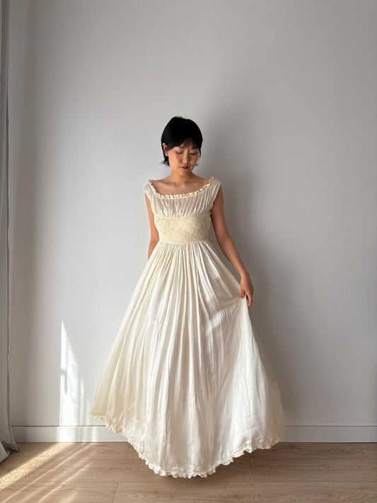 1930s Antique Satin Silk Heavy Lace Bridal Wedding Dress, Liquid Art deco Nightdress